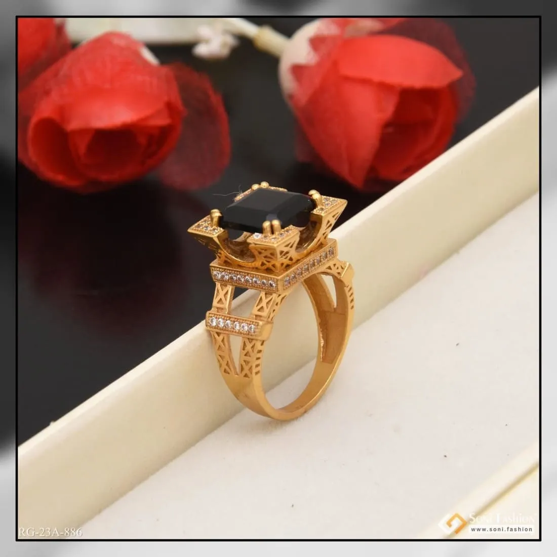 1 Gram Gold Forming Black Stone with Diamond Funky Design Ring for Men - Style A886