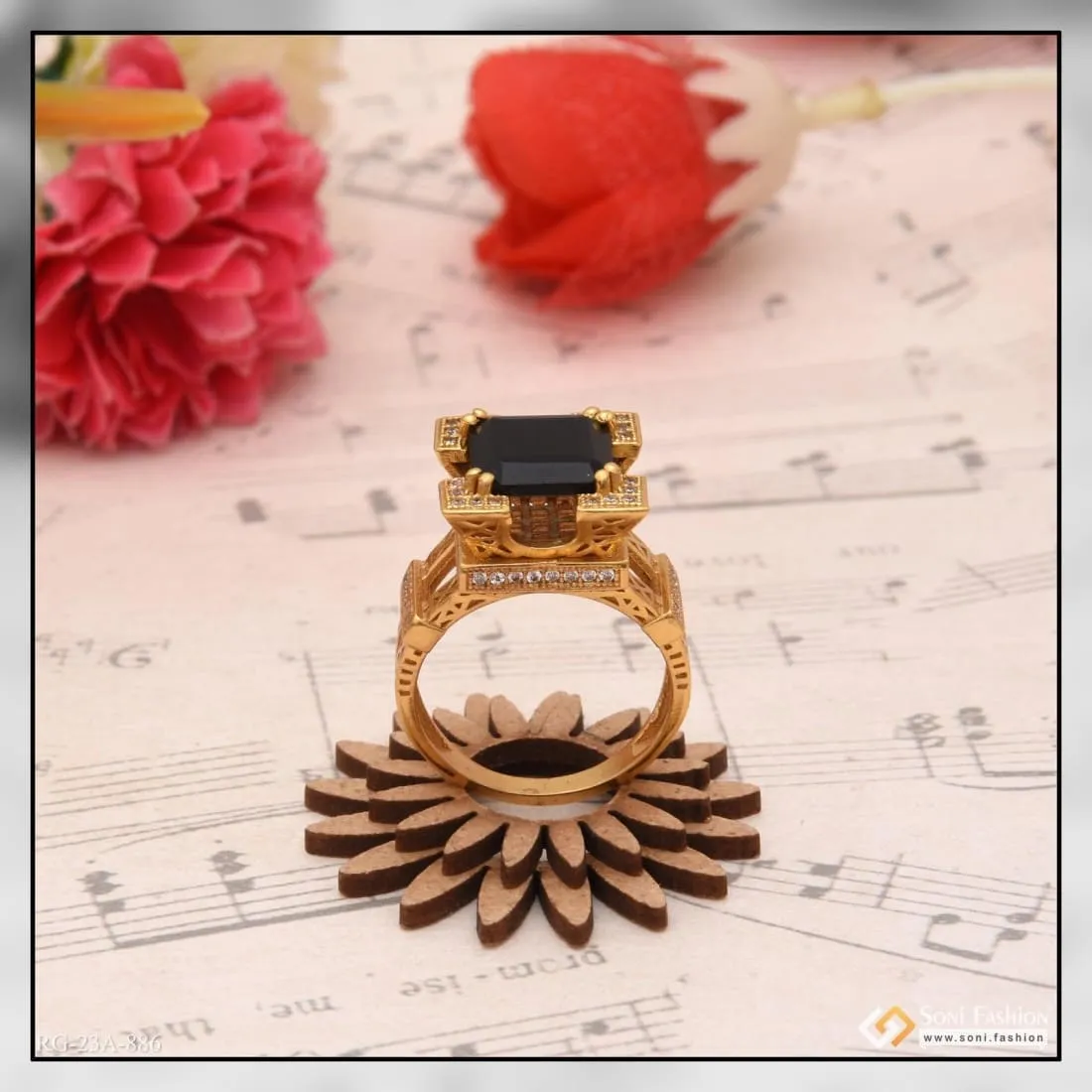 1 Gram Gold Forming Black Stone with Diamond Funky Design Ring for Men - Style A886