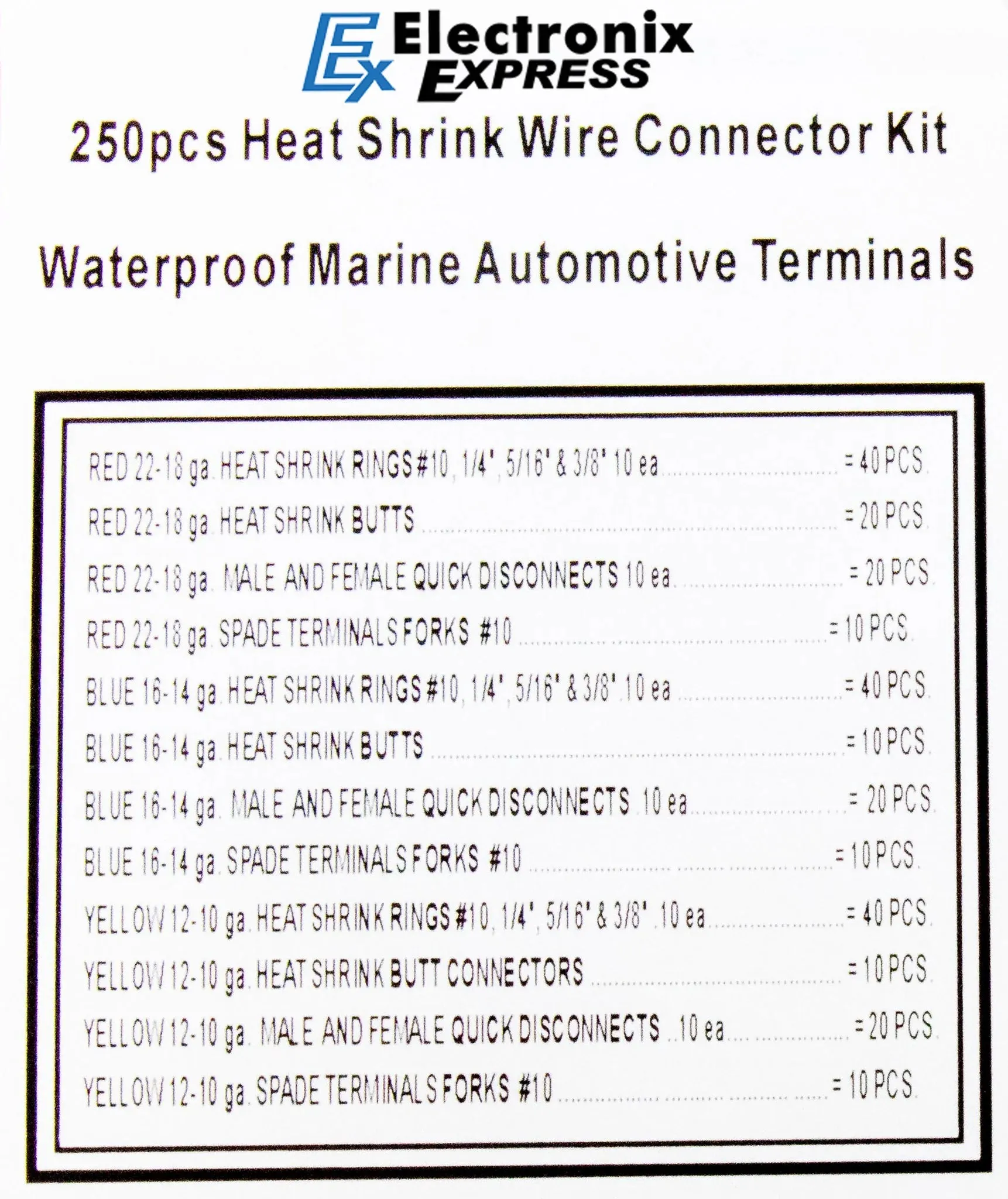 250 Pieces Assorted Insulated Heat Shrink Electrical Wire Terminals Set, Waterproof Crimp Connectors - Includes Spade, Butt, Fork, M/F Quick, Ring