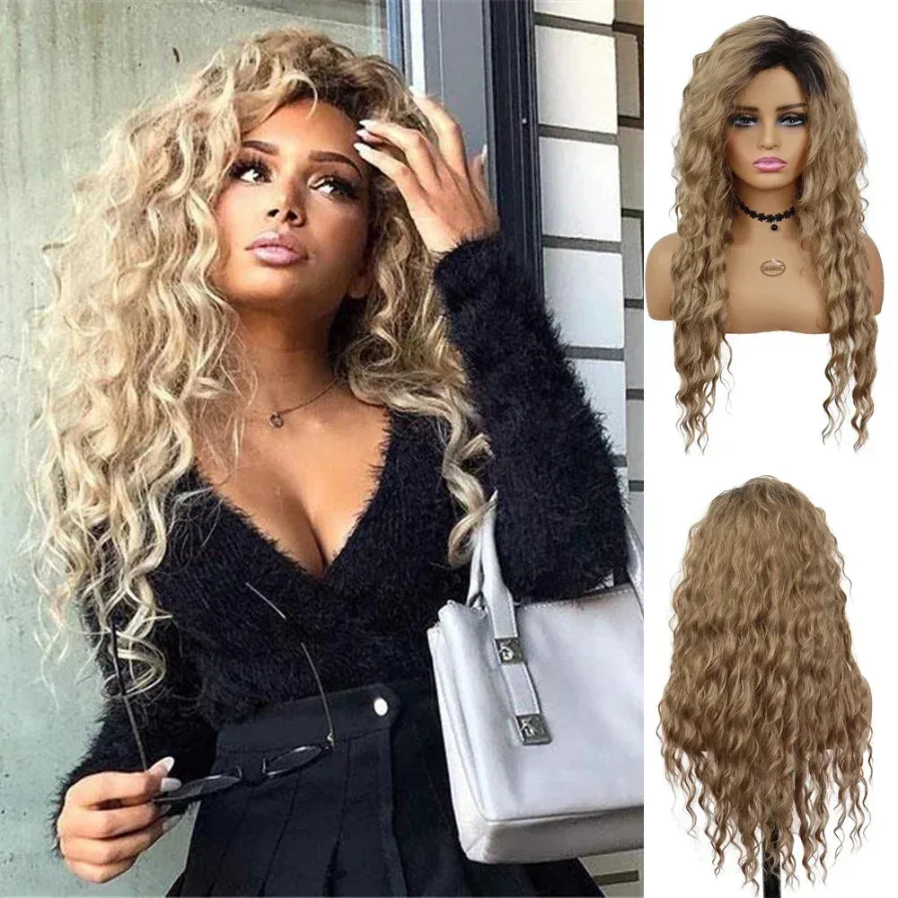 26 inches Long Hair Wigs for Women Synthetic Fiber Curly Brown Mix Blonde Wig Natural Female Halloween Carnival Party