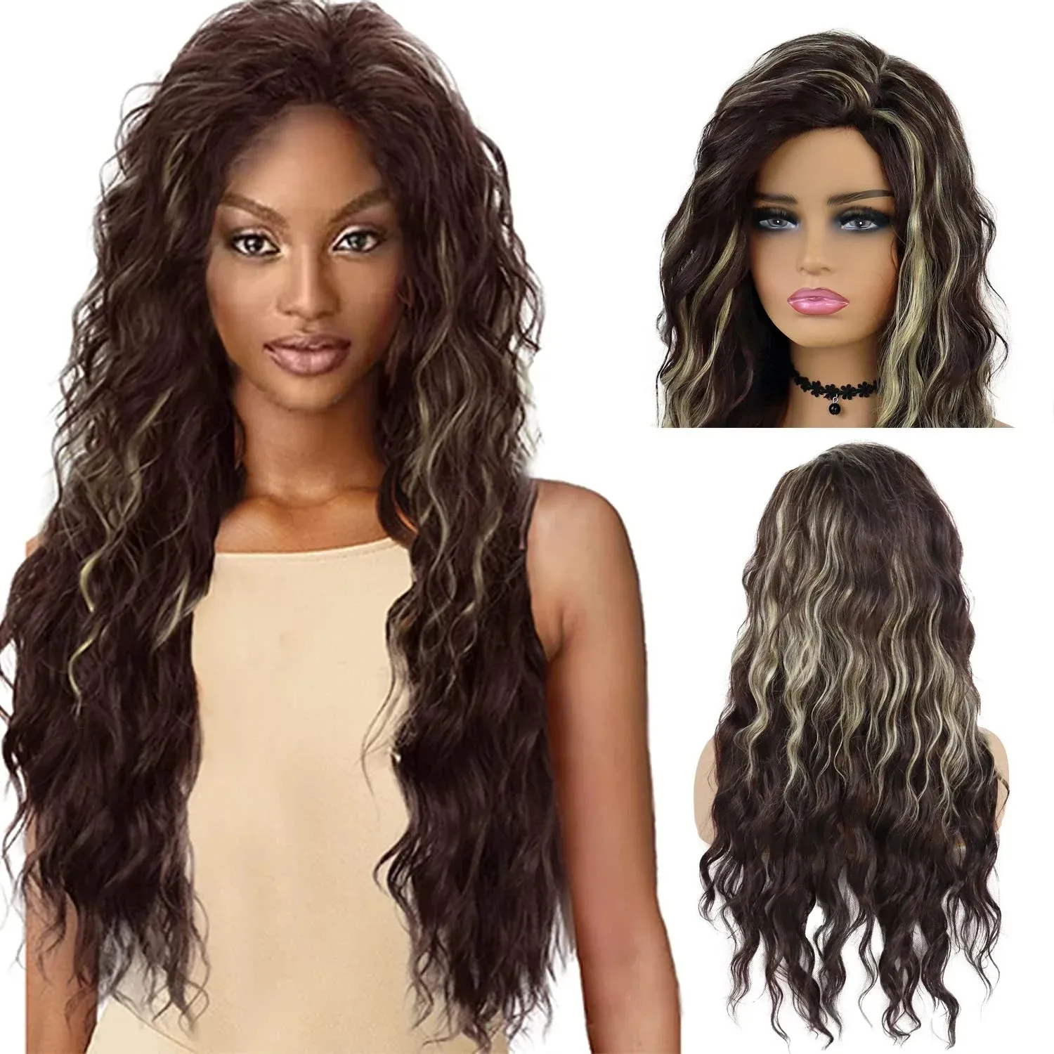 26 inches Long Hair Wigs for Women Synthetic Fiber Curly Brown Mix Blonde Wig Natural Female Halloween Carnival Party