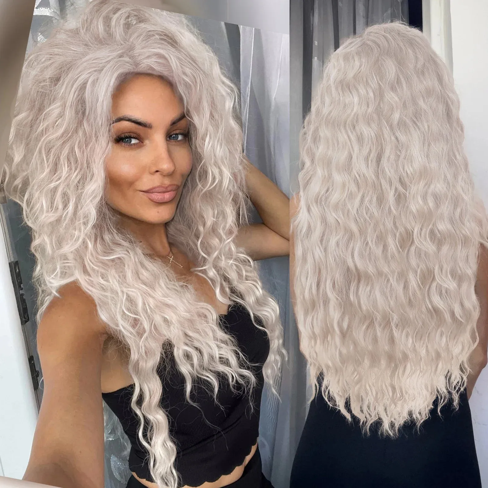 26" Long Curly Wig Synthetic Platinum Blonde Pink Wig Cosplay for Woman Water Wave Hair Natural Blend Wig with Bangs