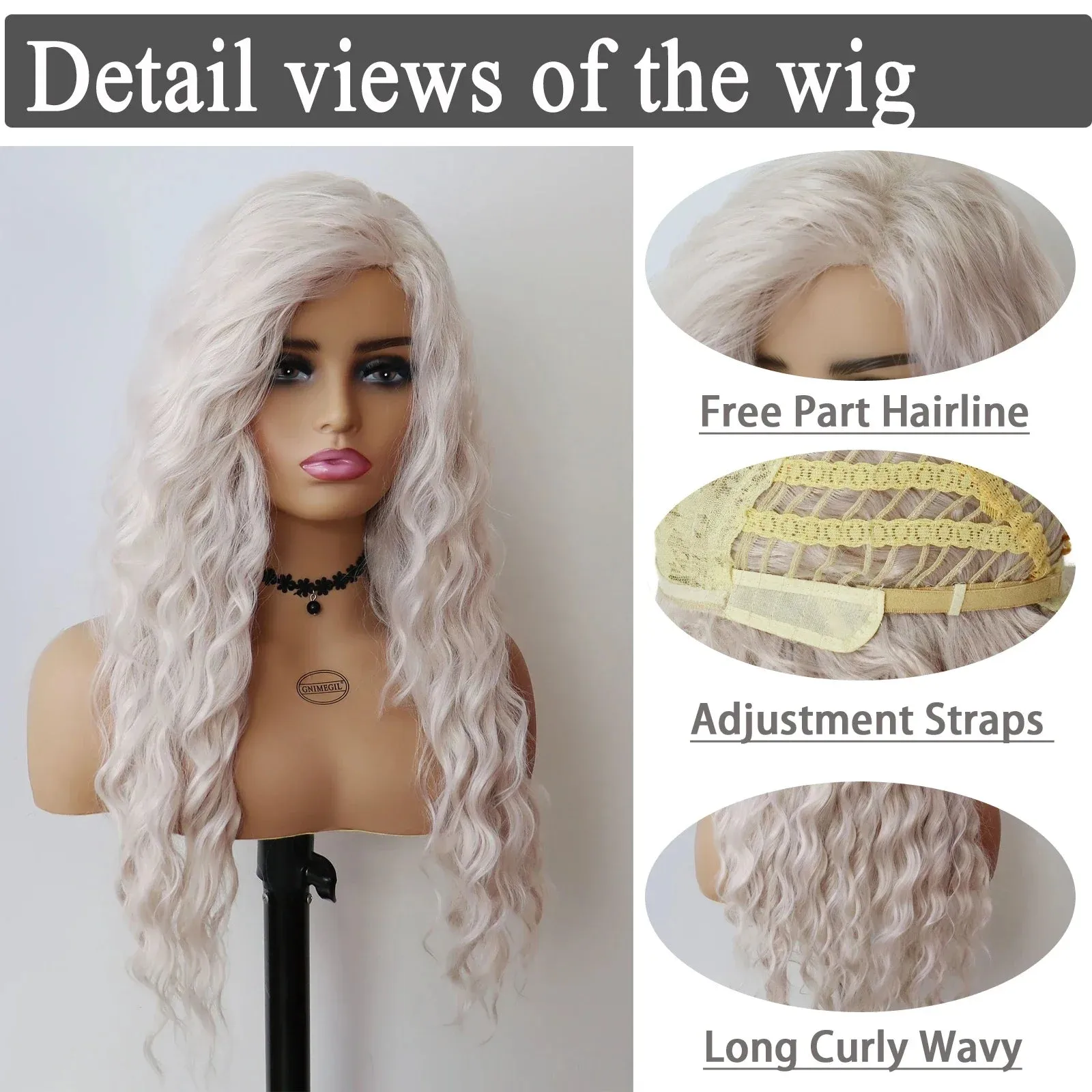 26" Long Curly Wig Synthetic Platinum Blonde Pink Wig Cosplay for Woman Water Wave Hair Natural Blend Wig with Bangs