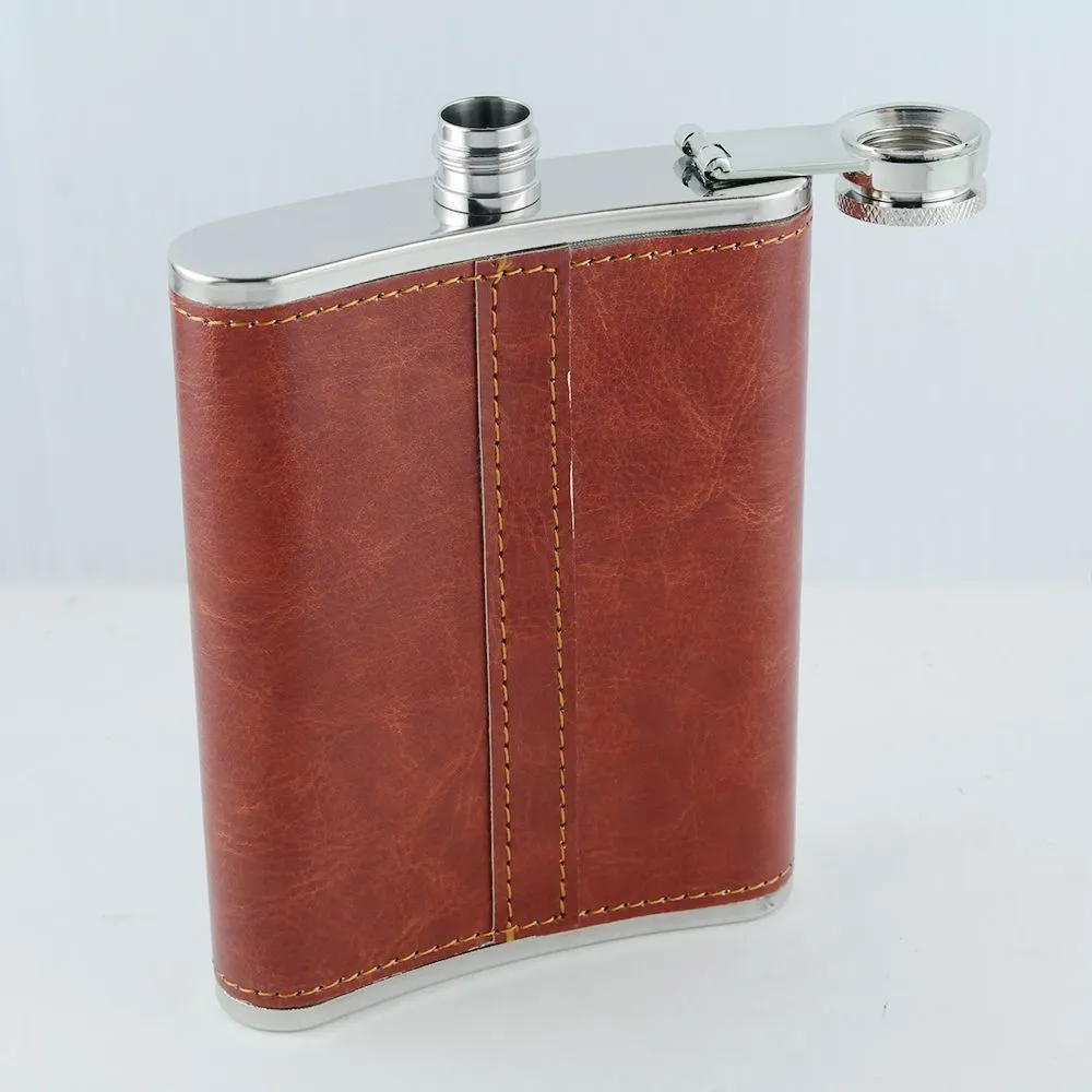 8 oz. Stainless Steel Flask with Black /  Burgundy Leather Wrap