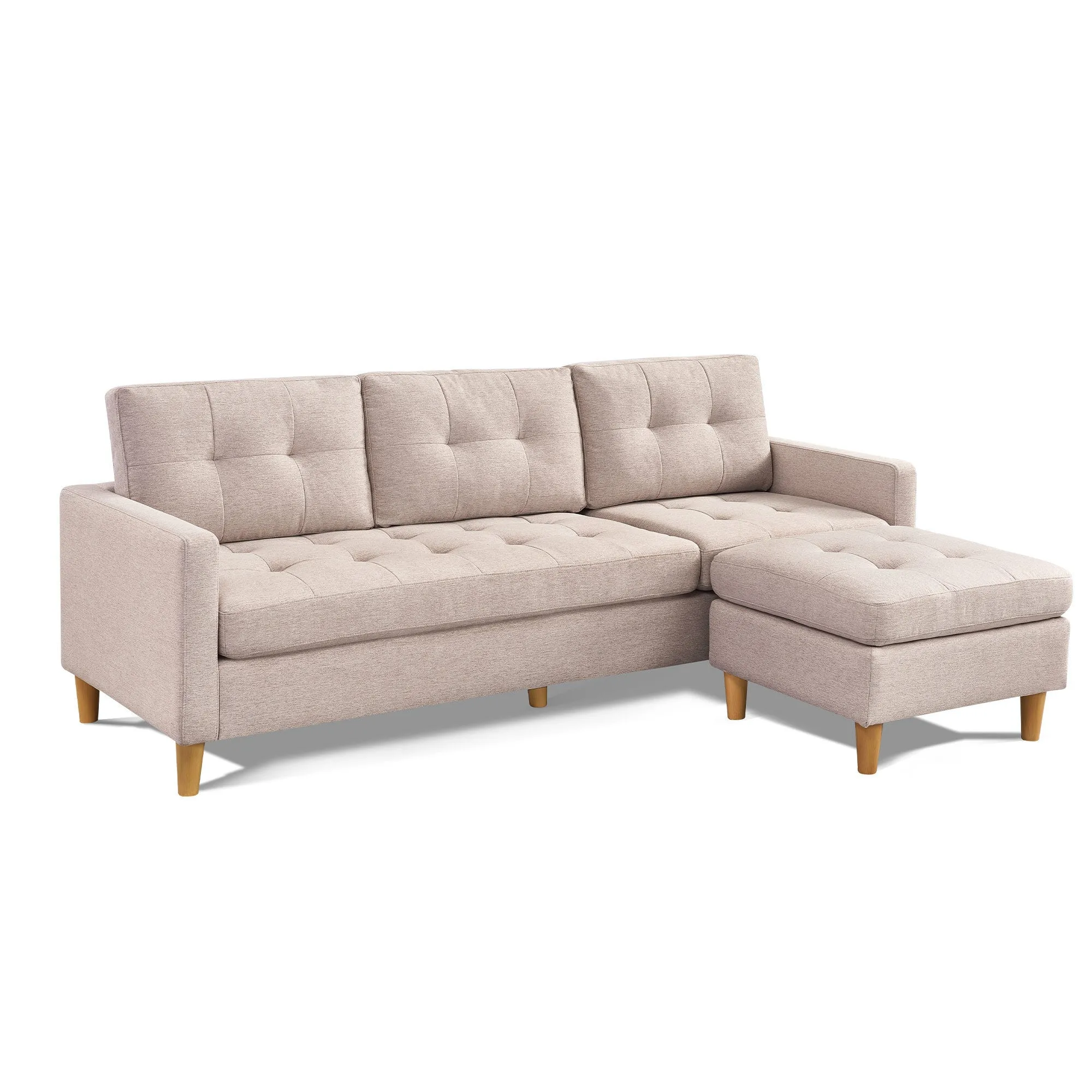 87”  Wide Modern  Convertible Sectional Sofa & Chaise, L Shaped Tufted Fabric Couch, Reversible Sectional Sofa with Ottoman - Beige