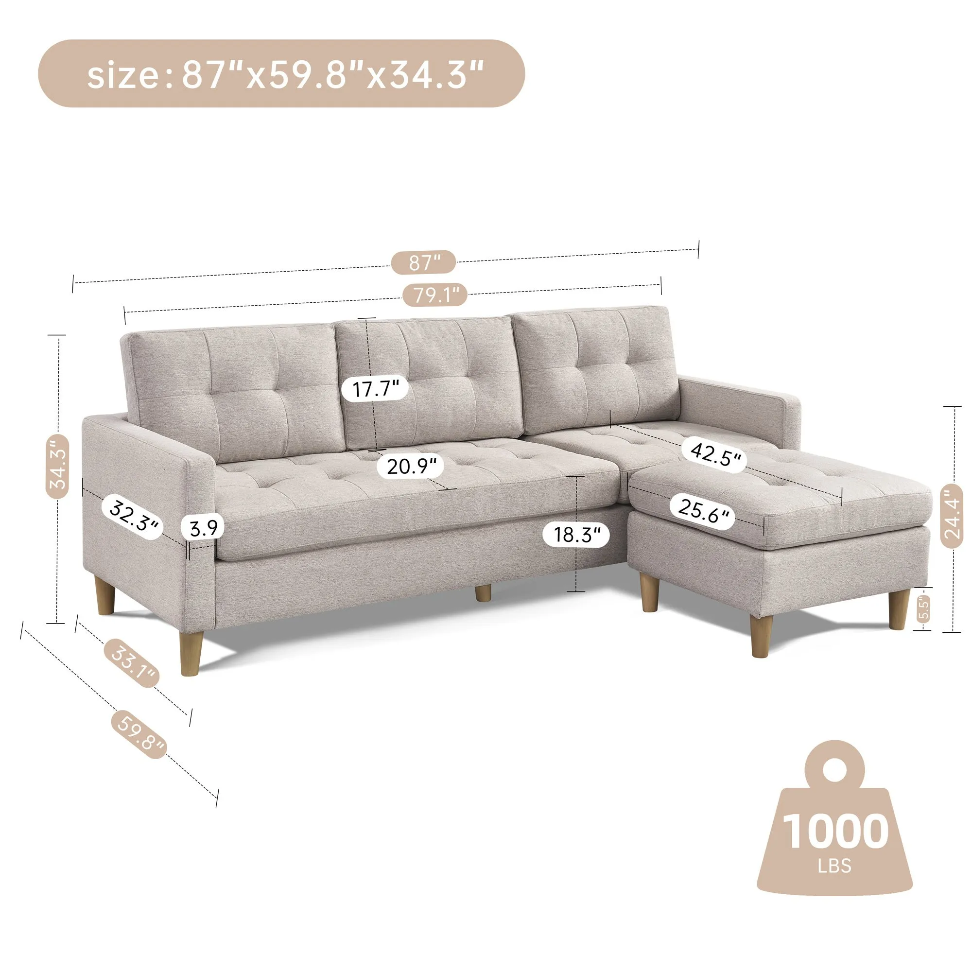 87”  Wide Modern  Convertible Sectional Sofa & Chaise, L Shaped Tufted Fabric Couch, Reversible Sectional Sofa with Ottoman - Beige