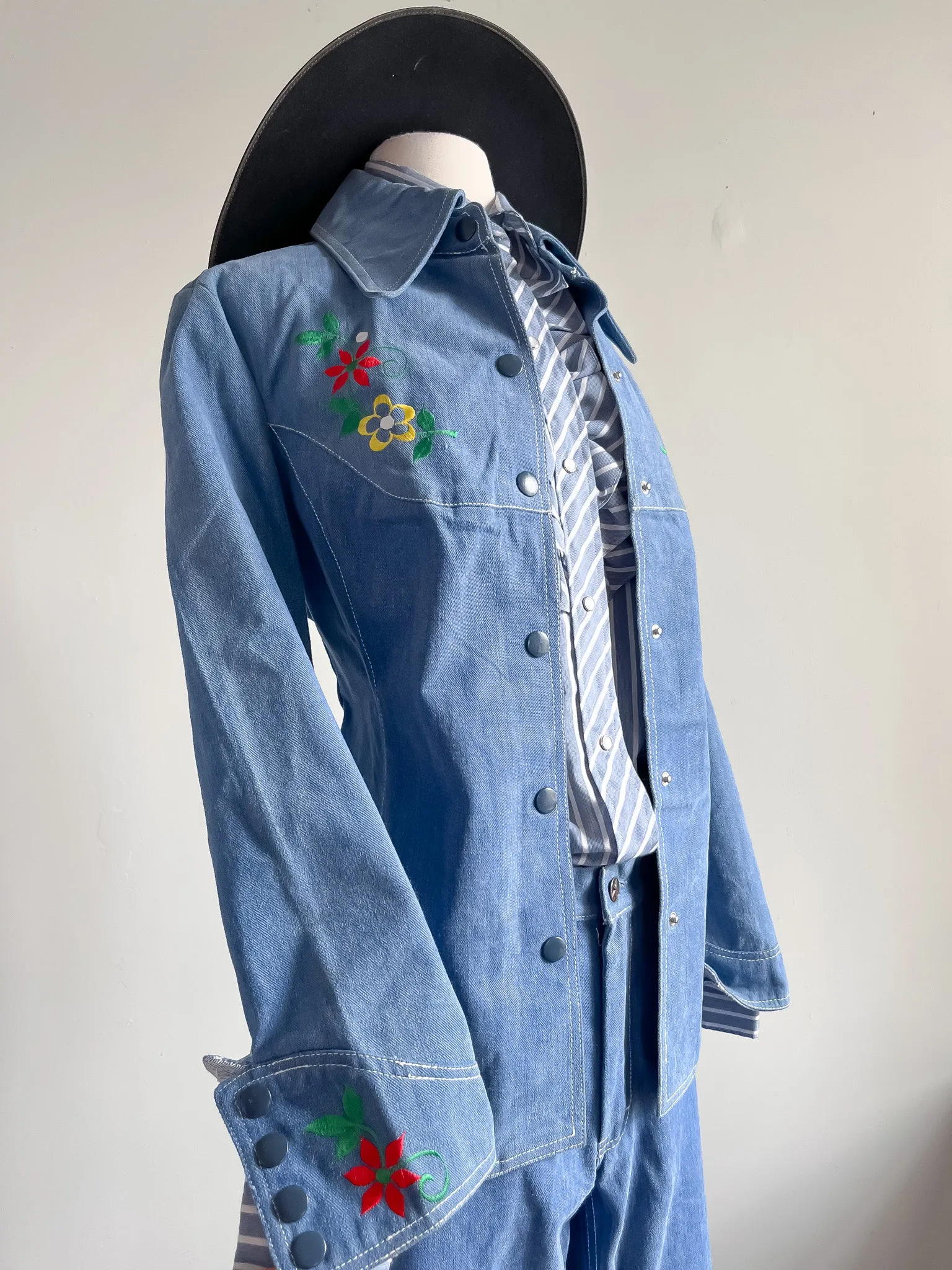 Amazing 1970's Floral Embroidered Denim Western Suit Set by Reine Baumwolle / L