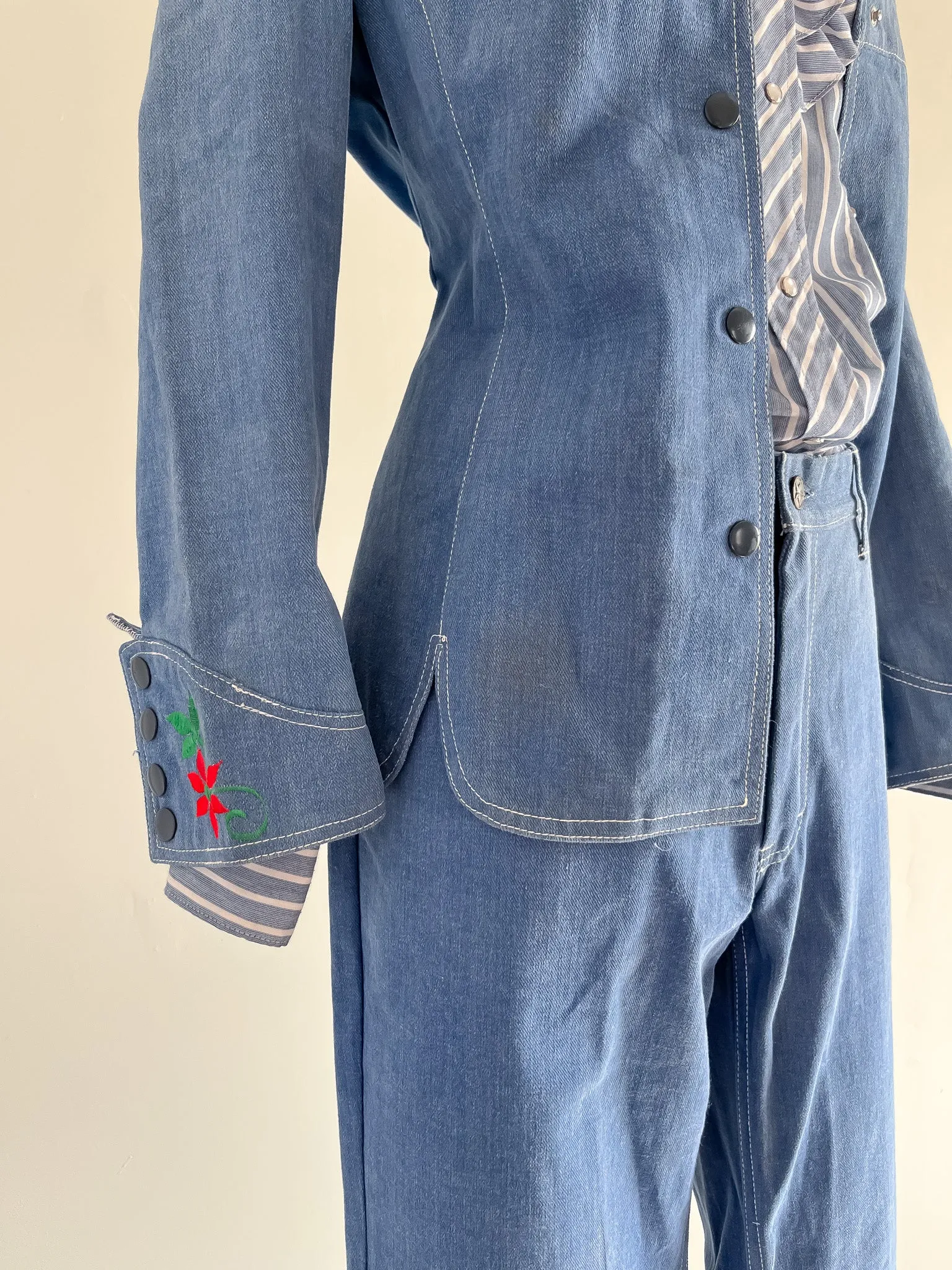 Amazing 1970's Floral Embroidered Denim Western Suit Set by Reine Baumwolle / L