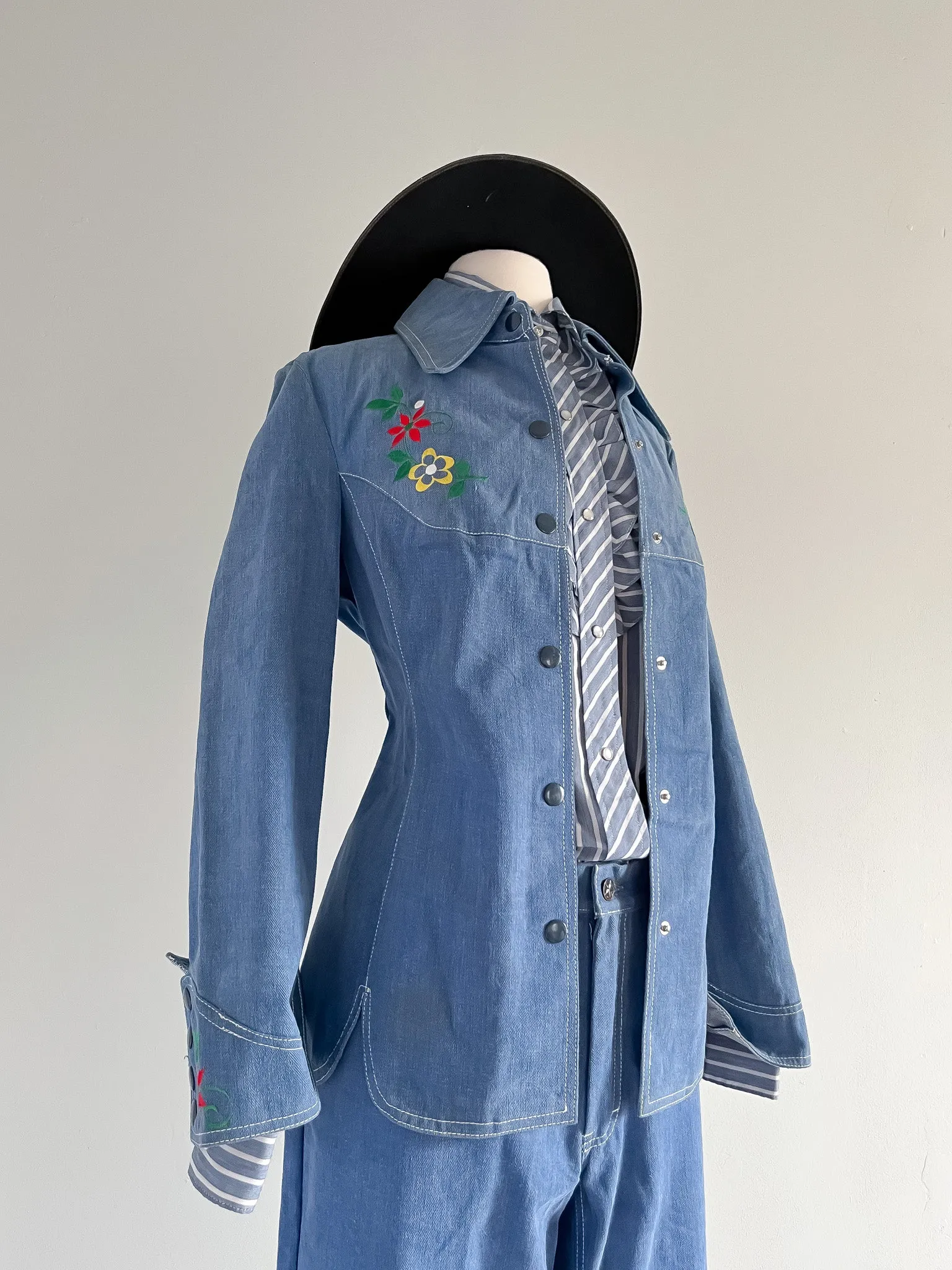 Amazing 1970's Floral Embroidered Denim Western Suit Set by Reine Baumwolle / L