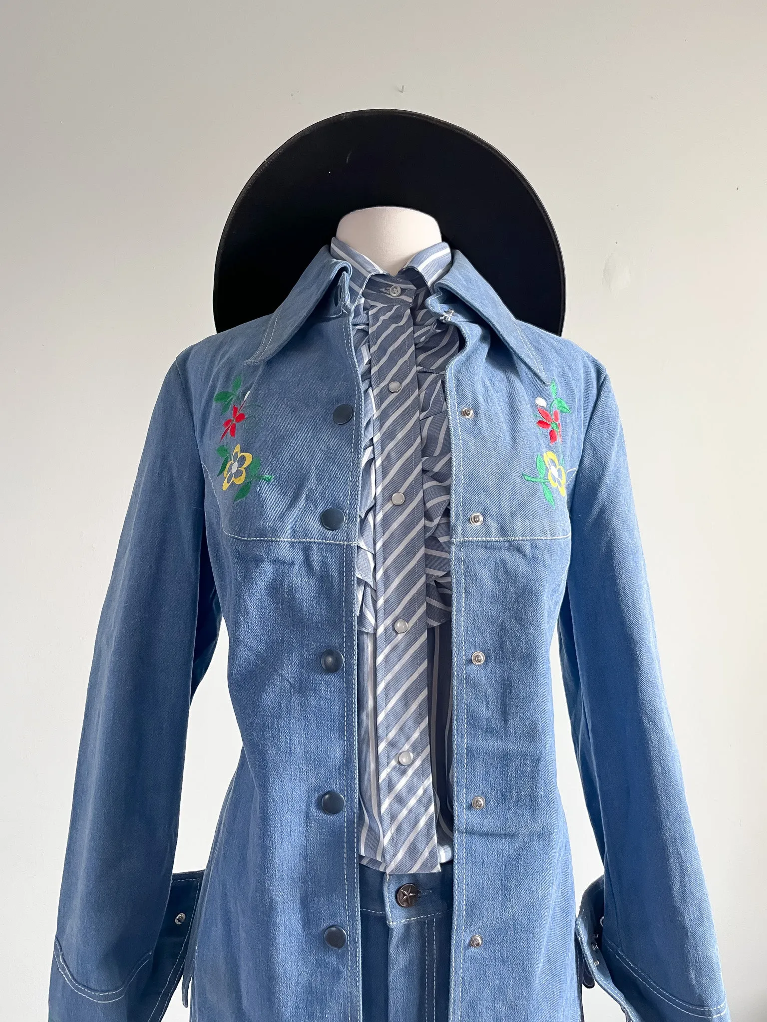 Amazing 1970's Floral Embroidered Denim Western Suit Set by Reine Baumwolle / L