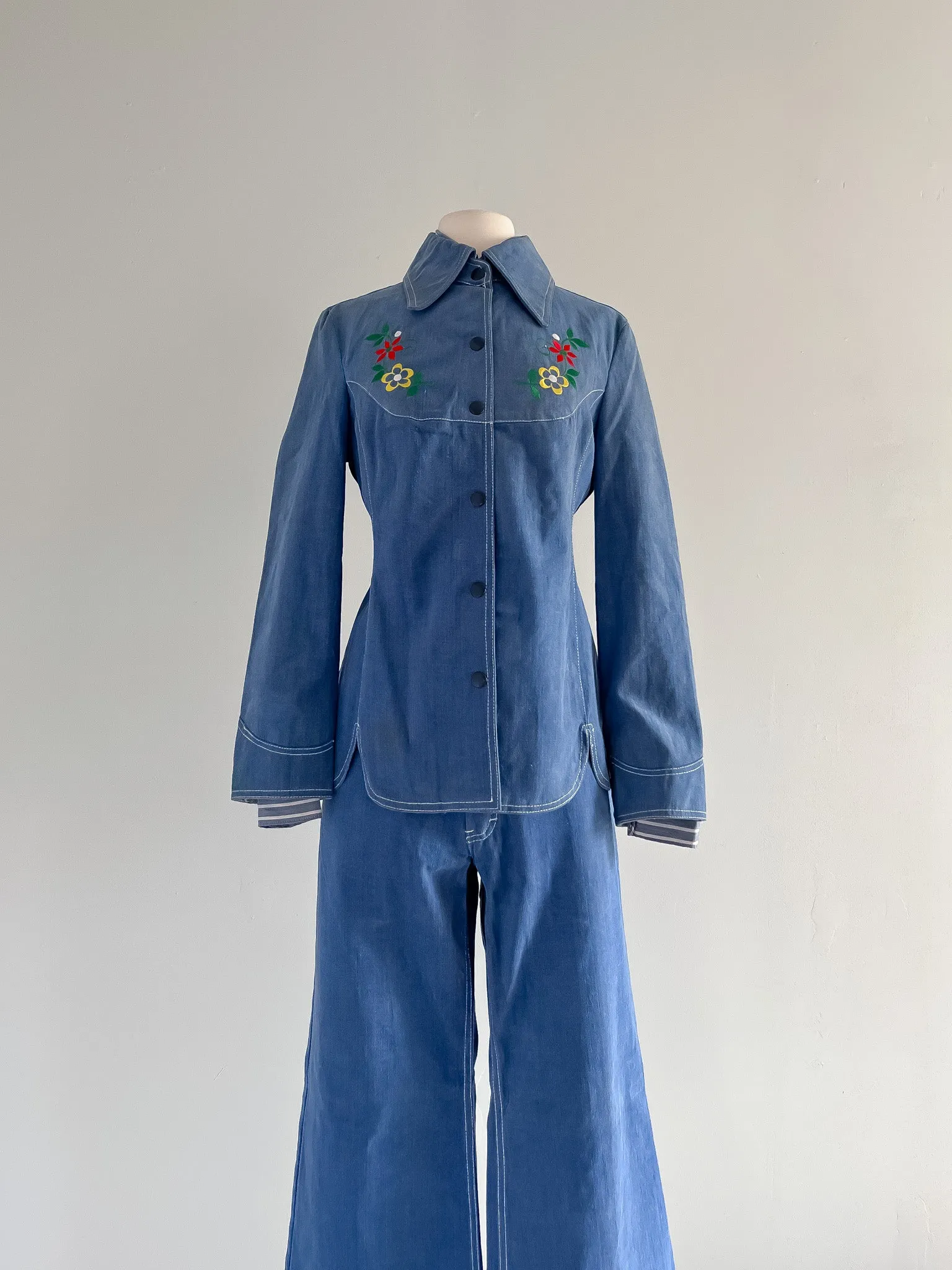 Amazing 1970's Floral Embroidered Denim Western Suit Set by Reine Baumwolle / L