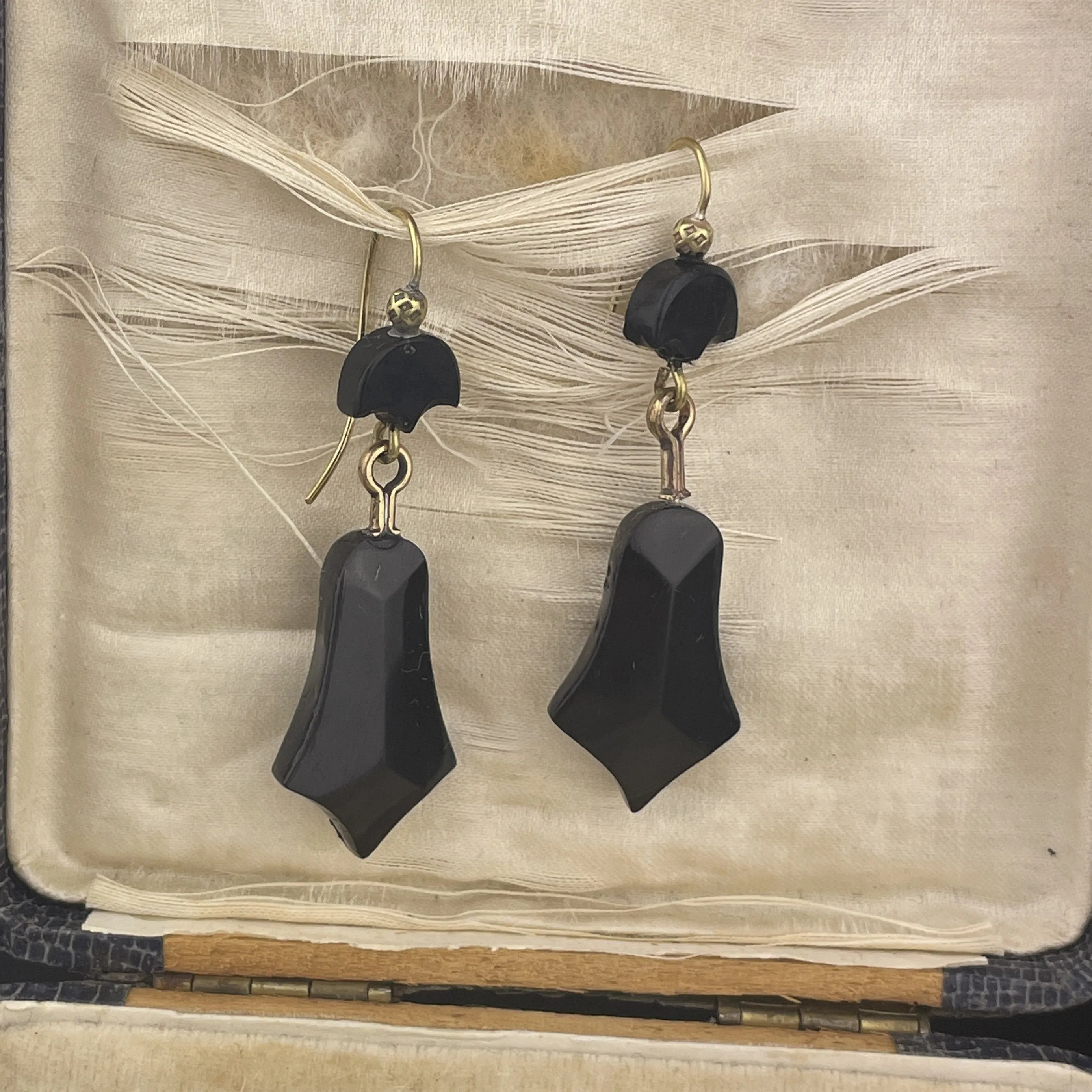 Antique Rolled Gold Carved Whitby Jet Victorian Mourning Earrings