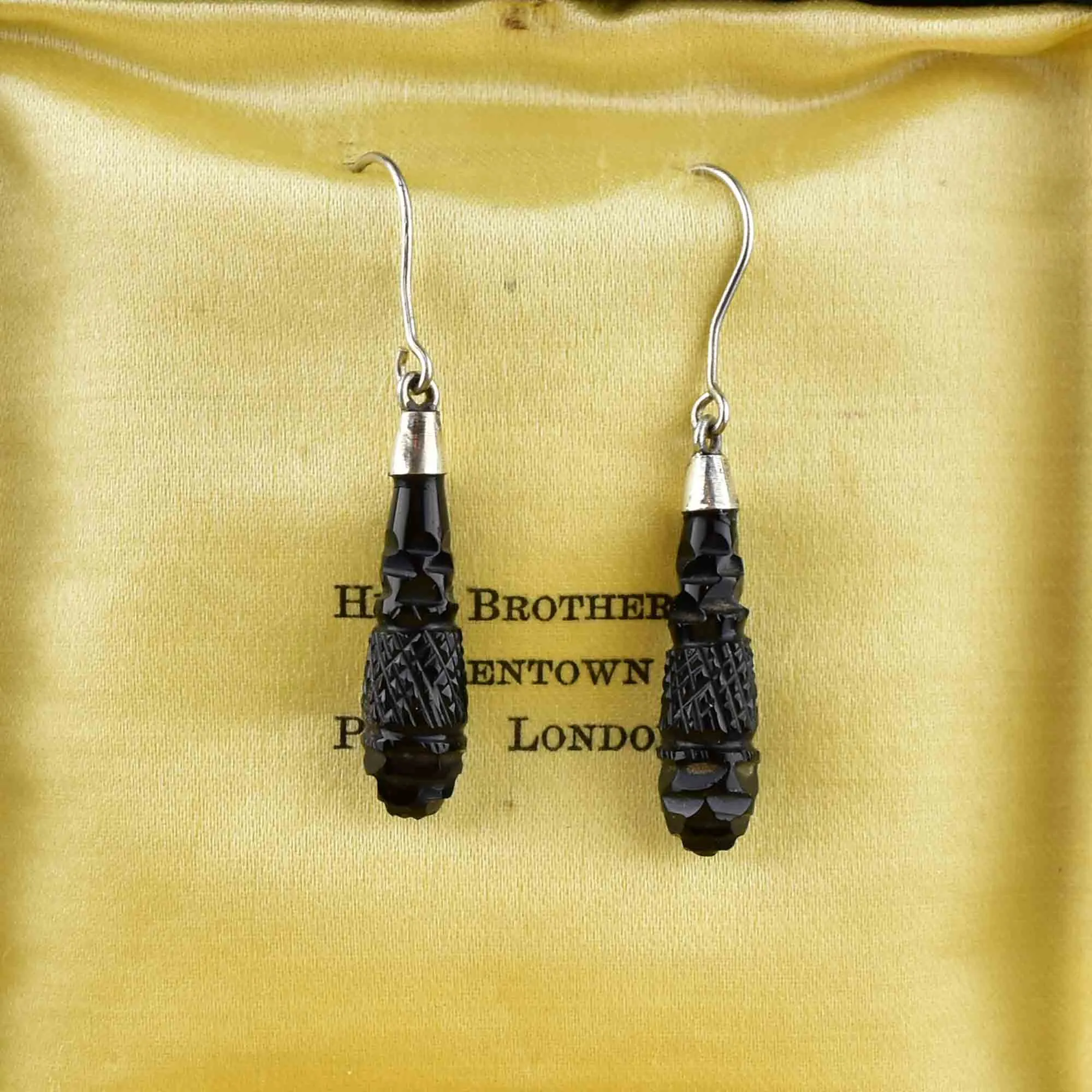 Antique Silver Carved Whitby Jet Dangle Earrings