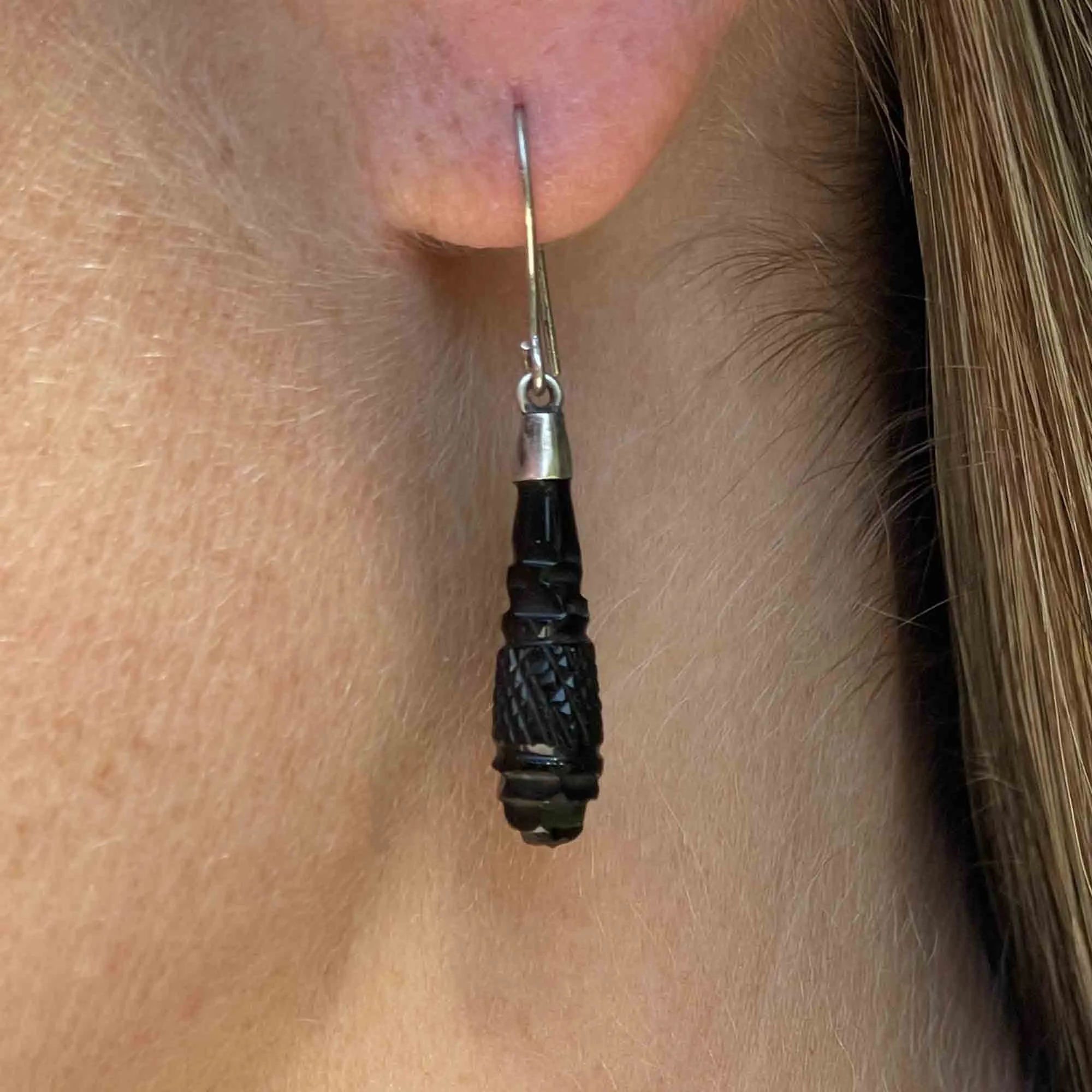 Antique Silver Carved Whitby Jet Dangle Earrings