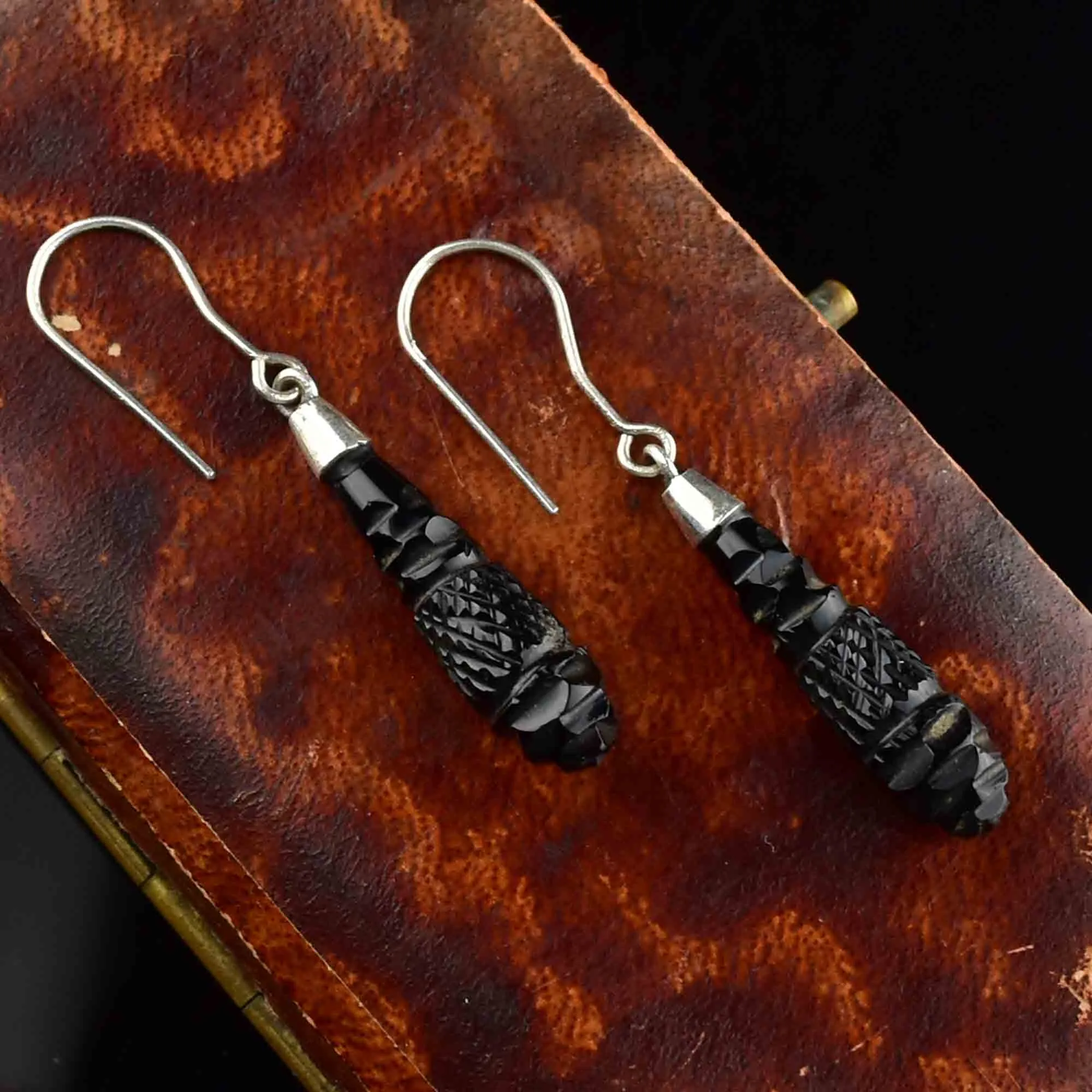 Antique Silver Carved Whitby Jet Dangle Earrings