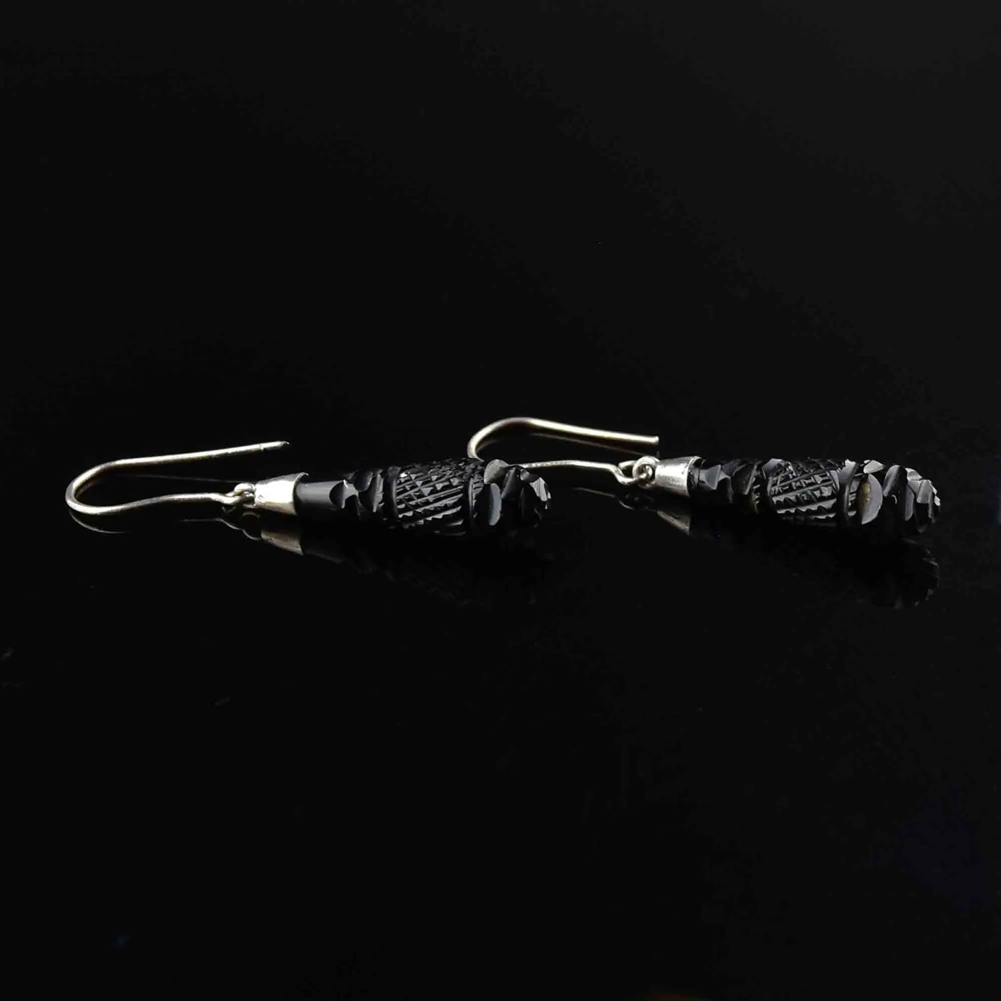 Antique Silver Carved Whitby Jet Dangle Earrings