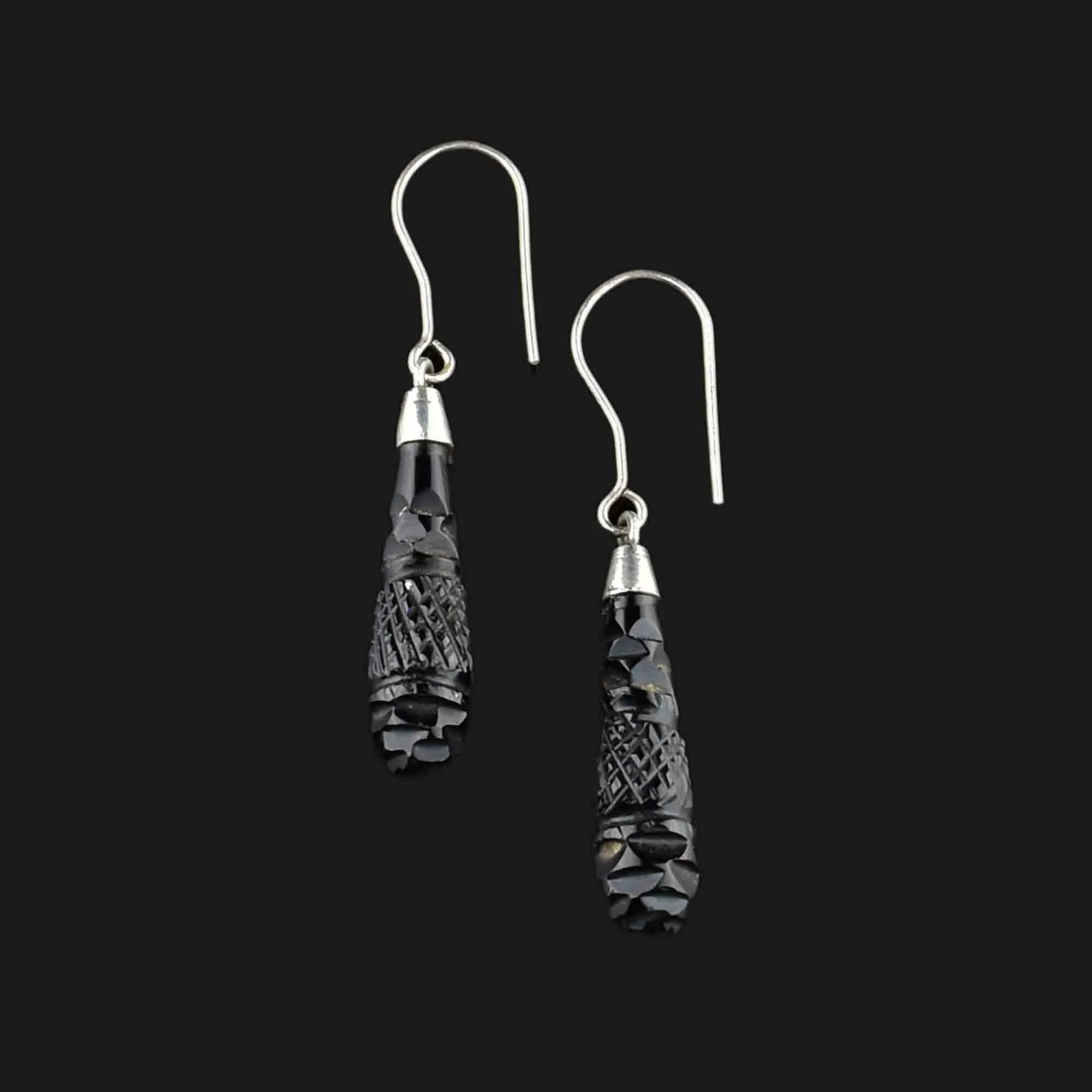 Antique Silver Carved Whitby Jet Dangle Earrings