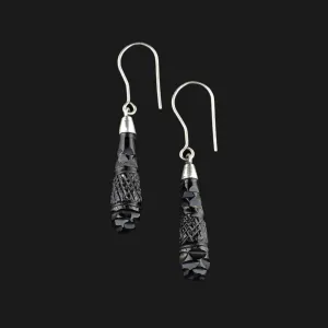 Antique Silver Carved Whitby Jet Dangle Earrings