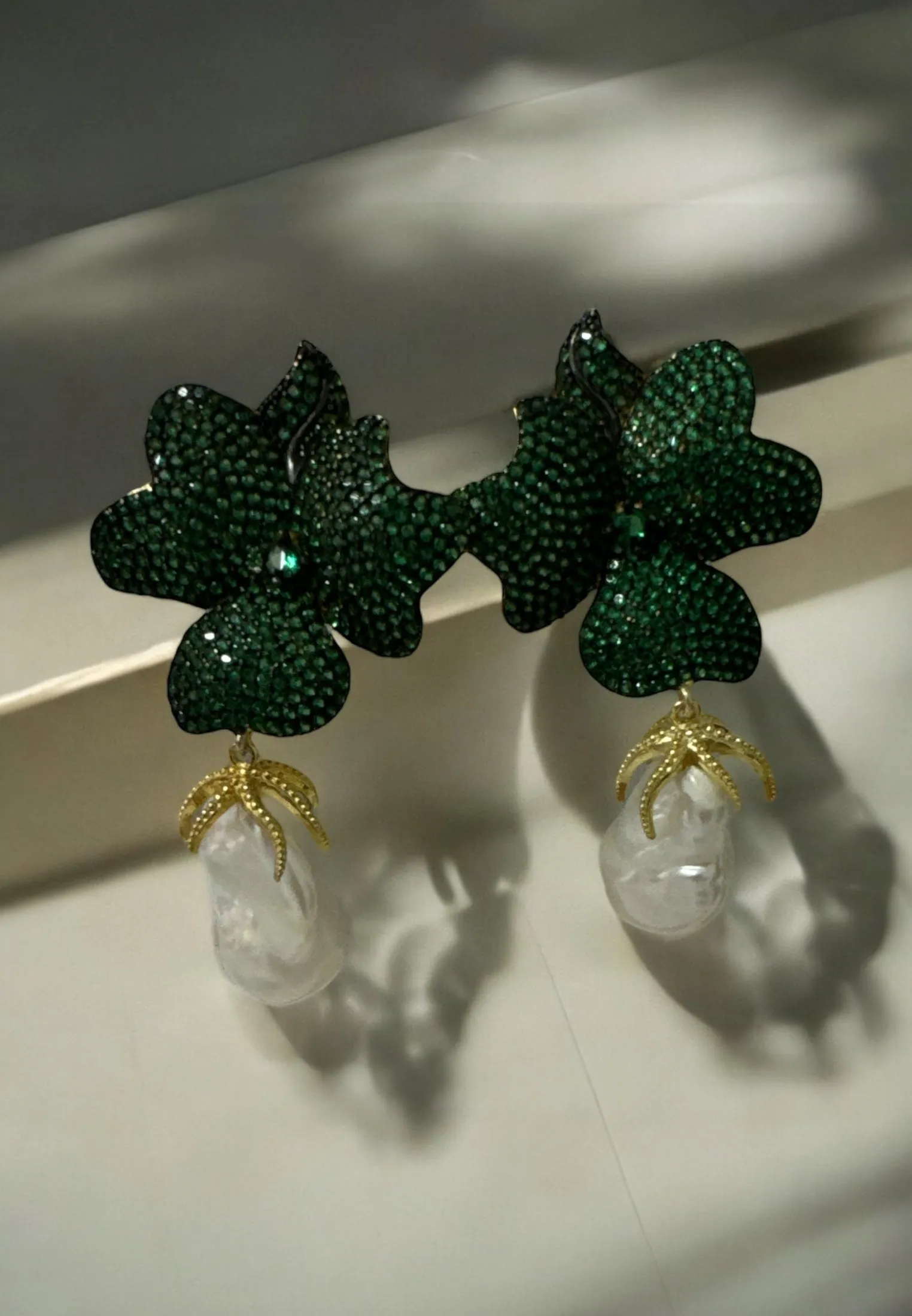 Baroque Pearl Emerald Green Flower Drop Earrings Gold