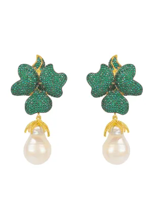 Baroque Pearl Emerald Green Flower Drop Earrings Gold