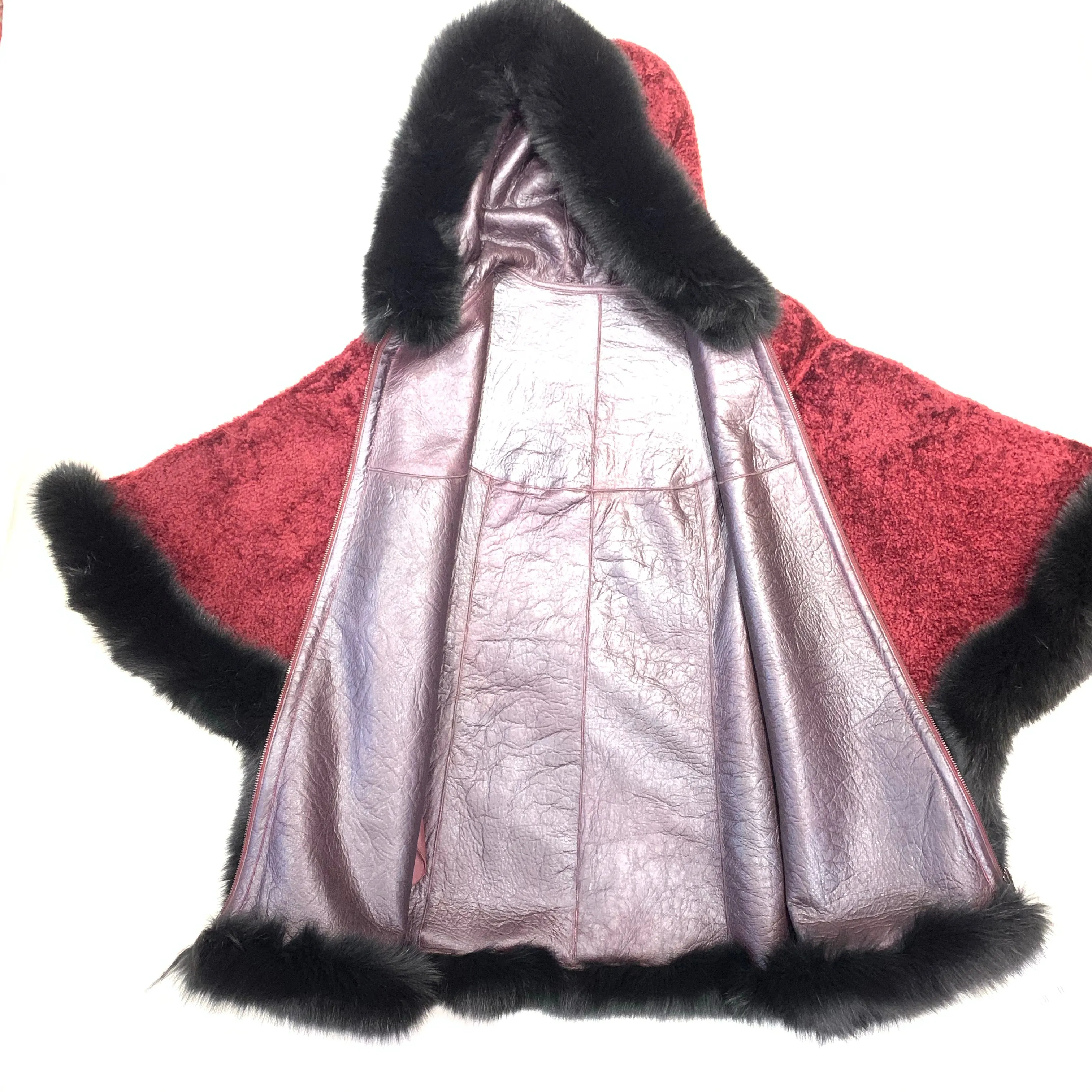 Barya NewYork Wine Wool Hooded Fox Fur Poncho