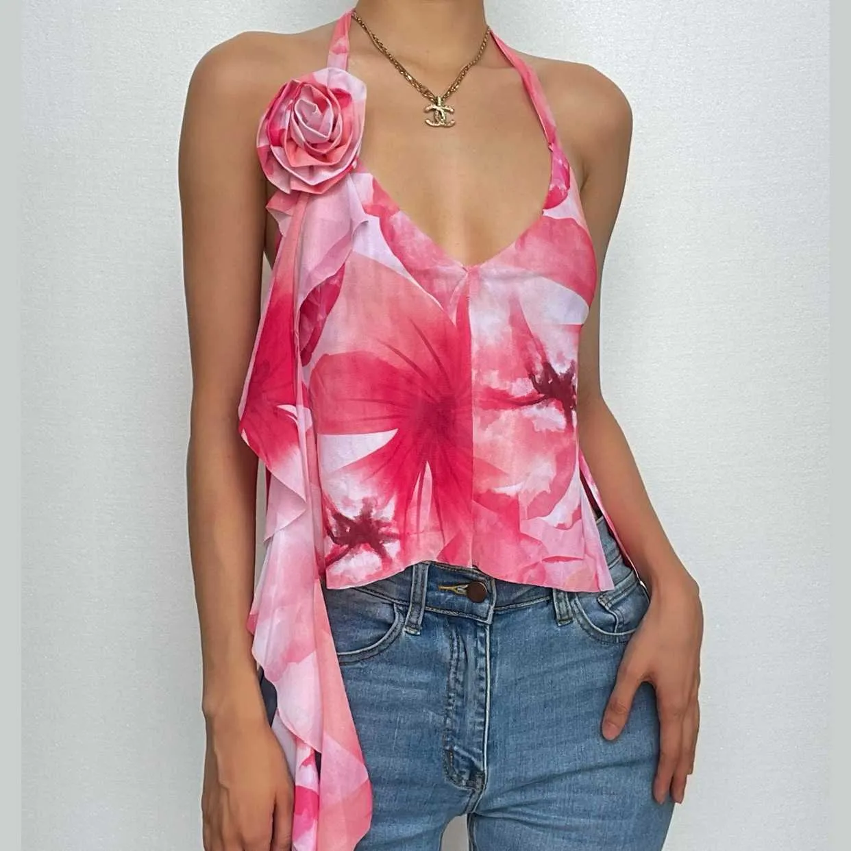 BerryBetty - Backless v neck flower applique ribbon contrast slit self tie crop top