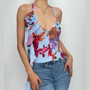 BerryBetty - Backless v neck flower applique ribbon contrast slit self tie crop top