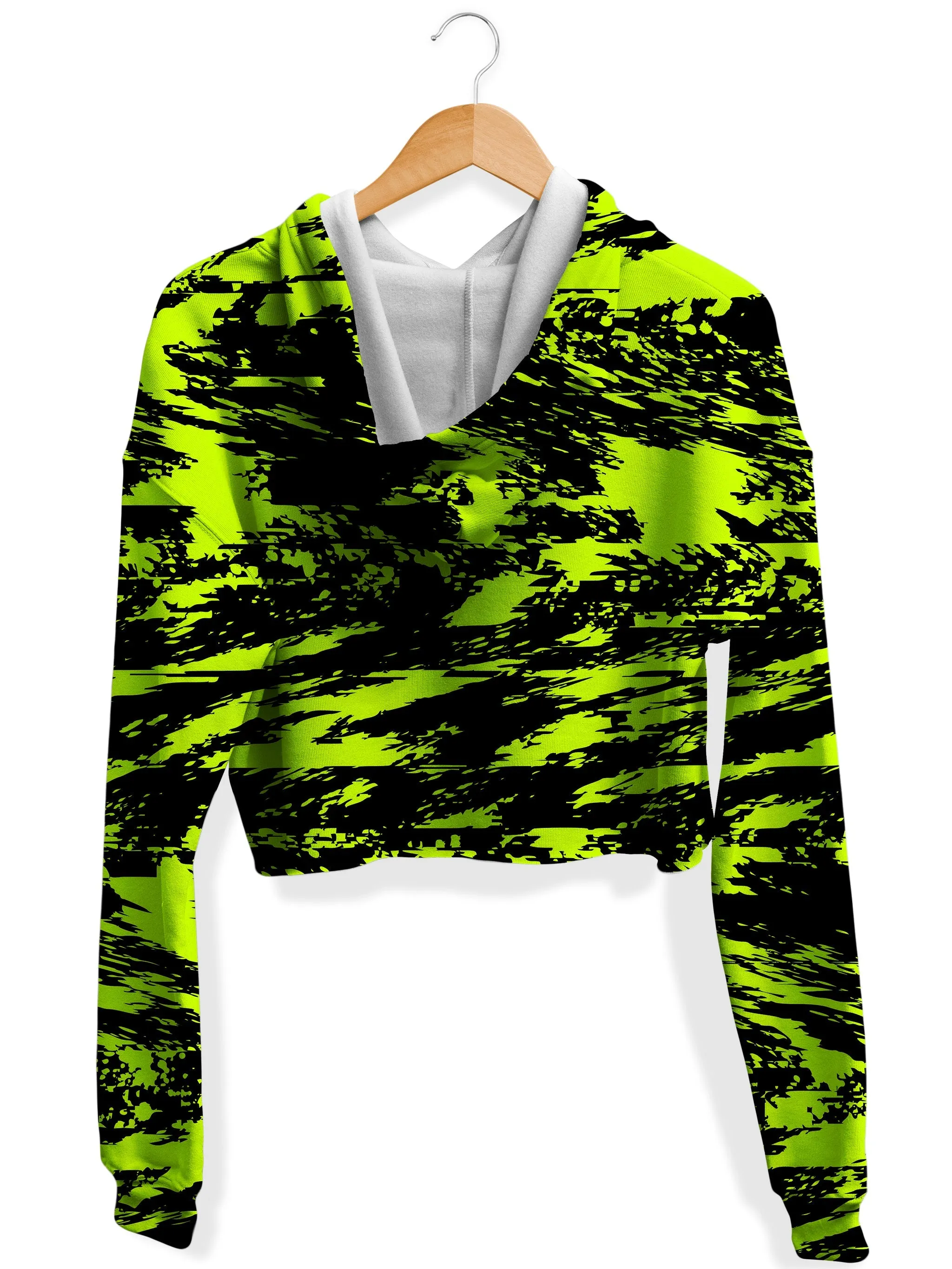 Black Lime Bolt Glitch Fleece Crop Hoodie