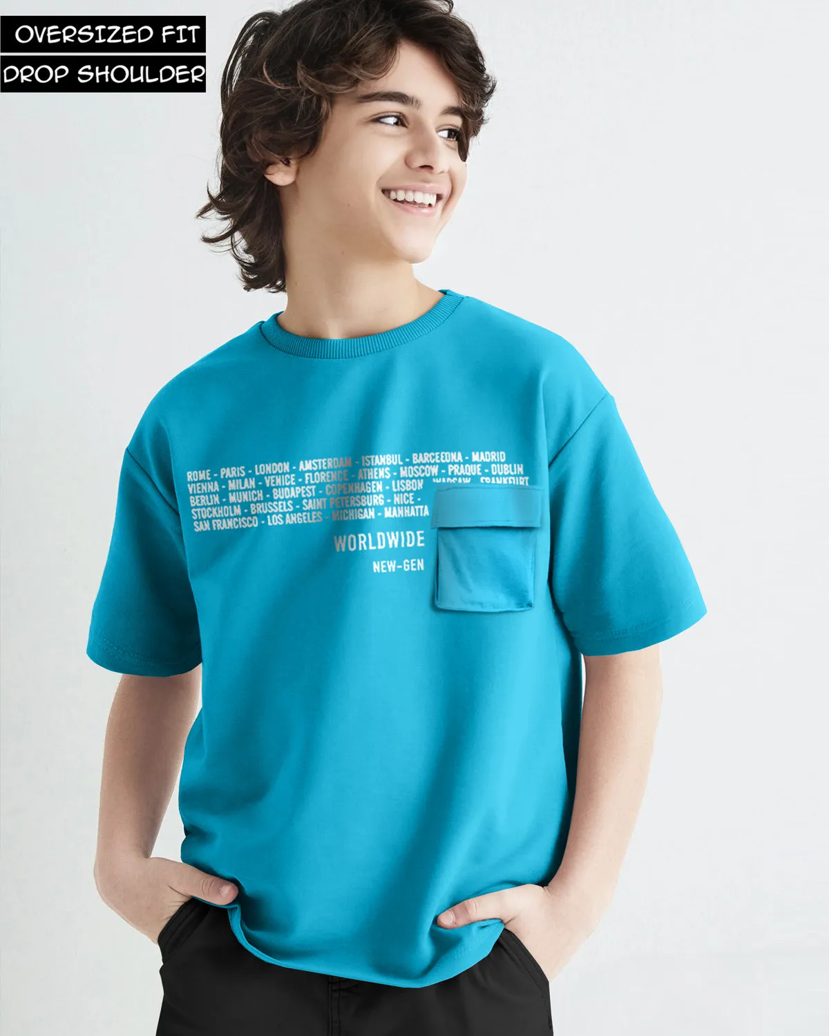 Boys Flap Pocket Skyblue Typography Round Neck Half Sleeve T-Shirt