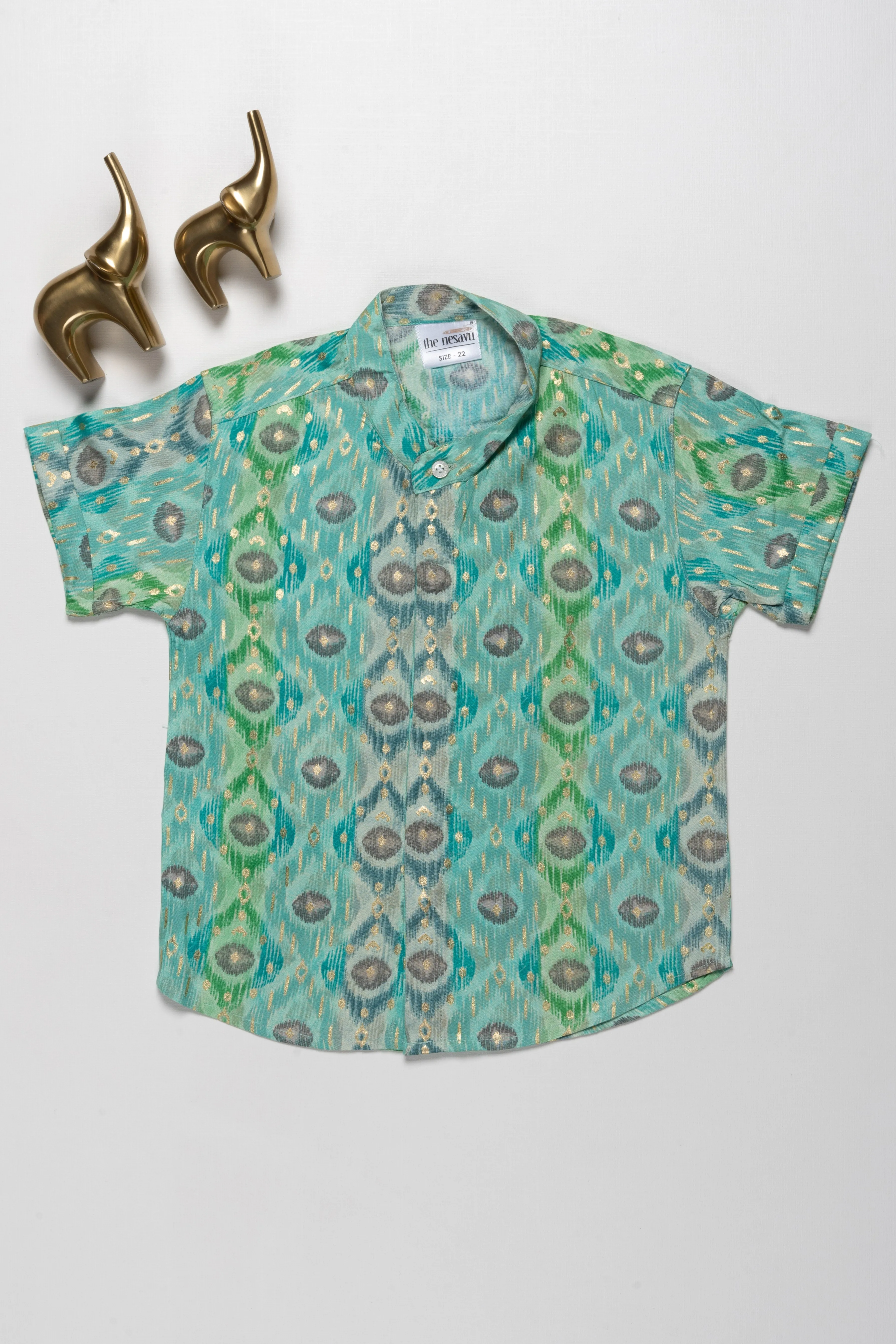 Boys Premium Green Ikat Print Rayon Shirt – Lightweight and Stylish