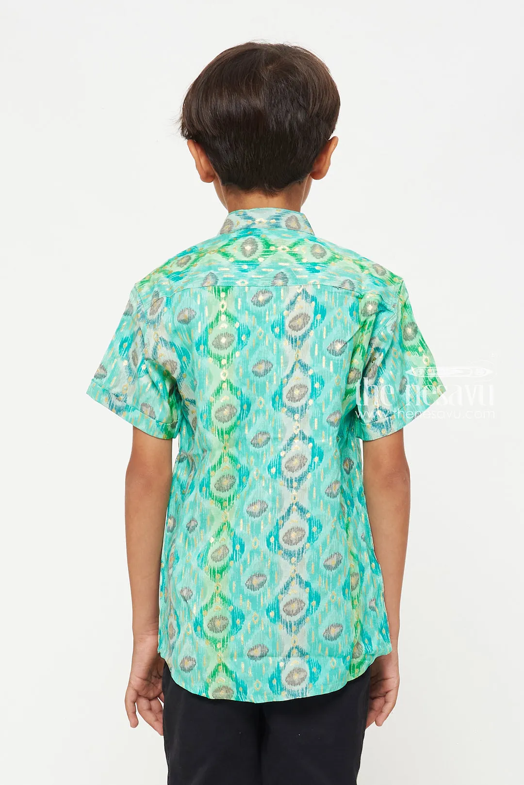 Boys Premium Green Ikat Print Rayon Shirt – Lightweight and Stylish