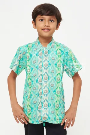 Boys Premium Green Ikat Print Rayon Shirt – Lightweight and Stylish