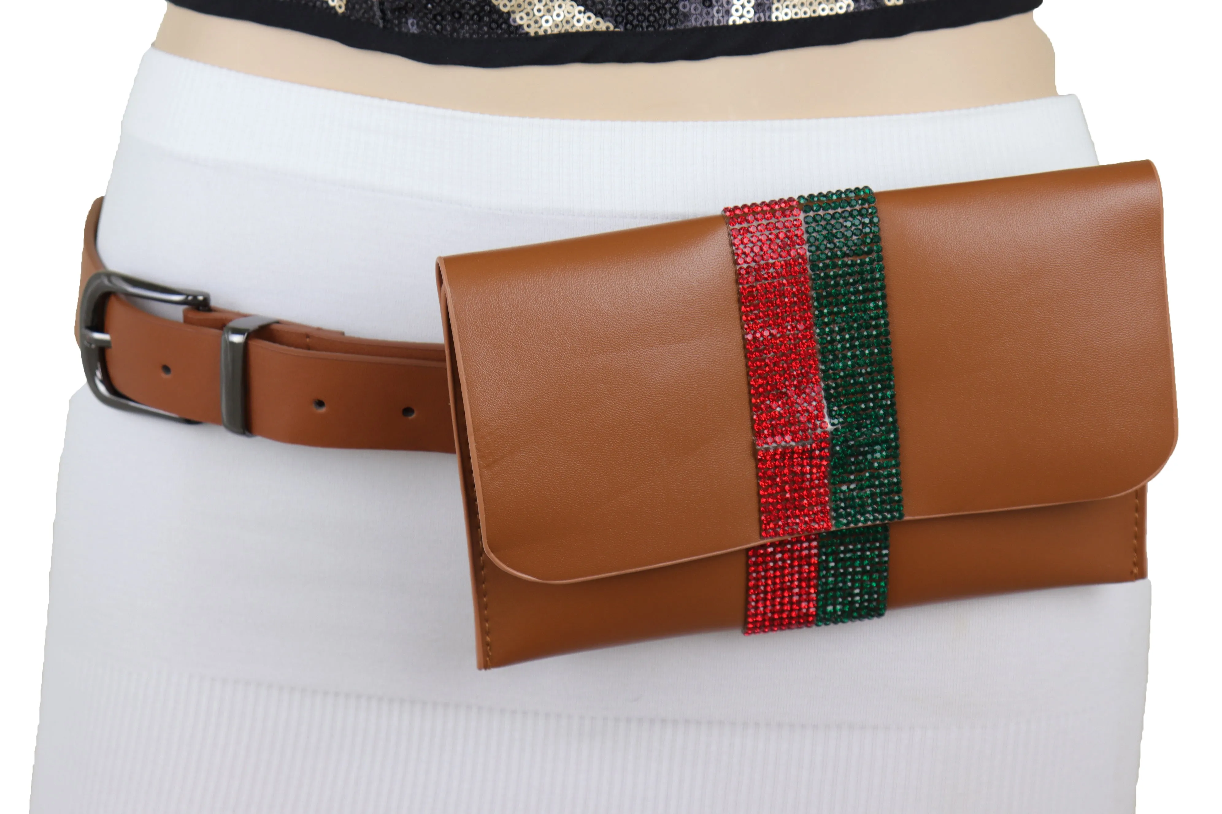 Brown Faux Leather Fashion Belt   Purse Bag Green Red Bling Bead