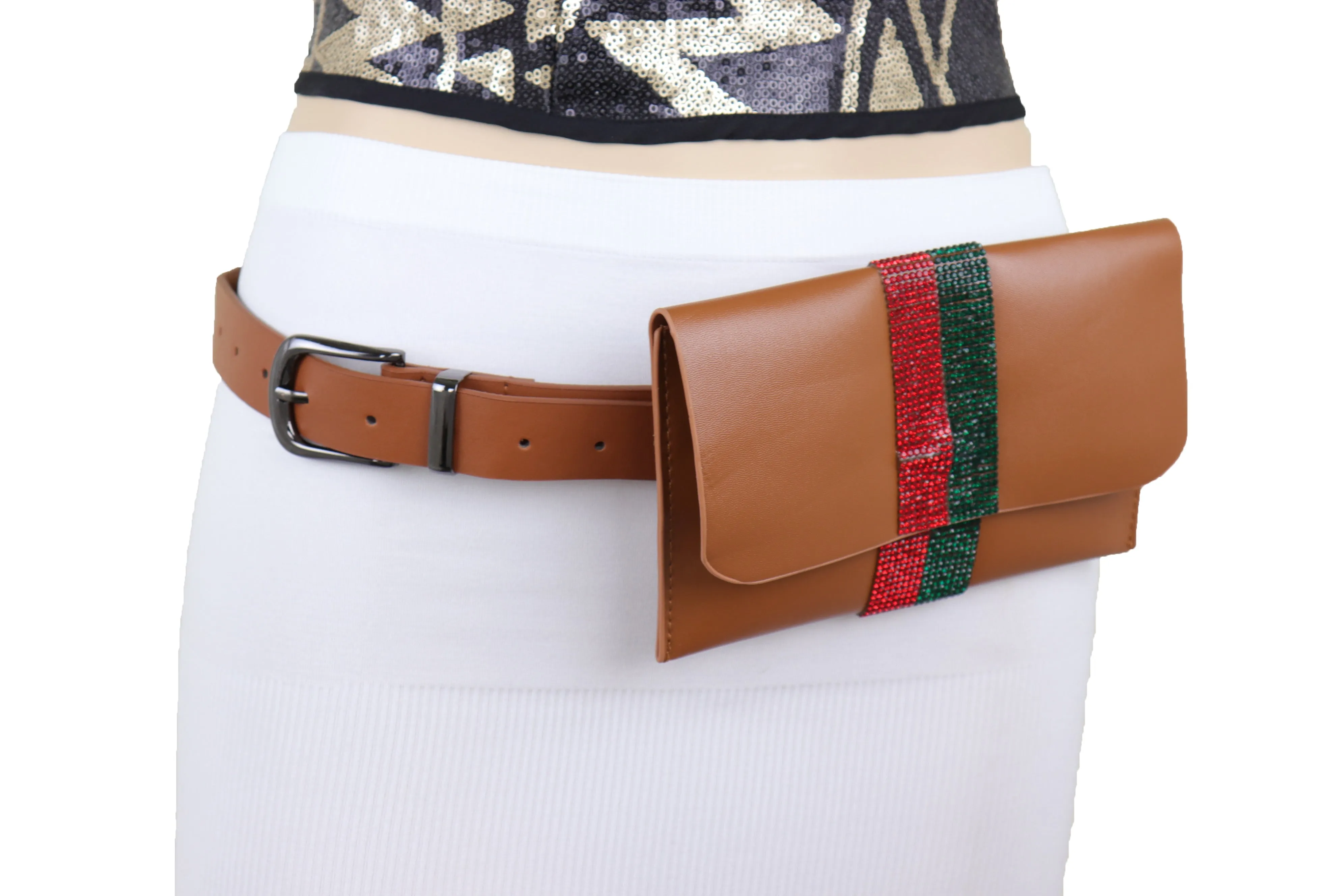 Brown Faux Leather Fashion Belt   Purse Bag Green Red Bling Bead