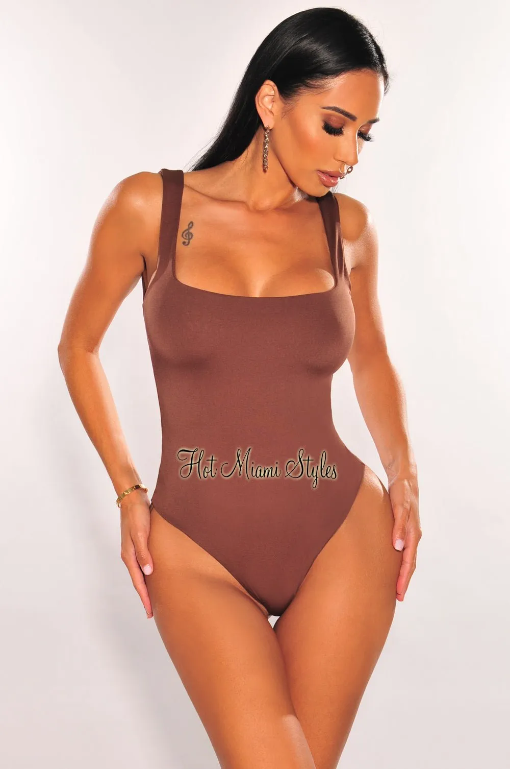 Brown Silky Sleeveless Square Neck Bodysuit