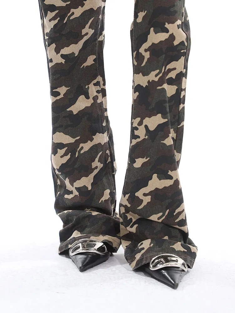 Crista Denim Army Green Camouflage High Waist Multi-Pocket Jeans Pants