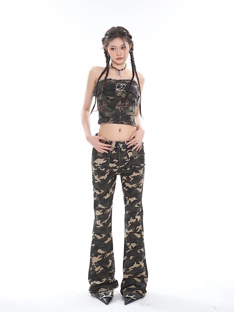 Crista Denim Army Green Camouflage High Waist Multi-Pocket Jeans Pants