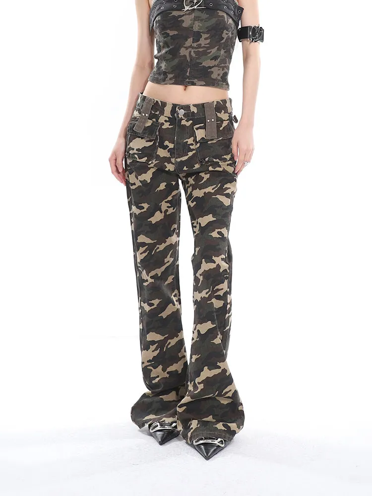 Crista Denim Army Green Camouflage High Waist Multi-Pocket Jeans Pants