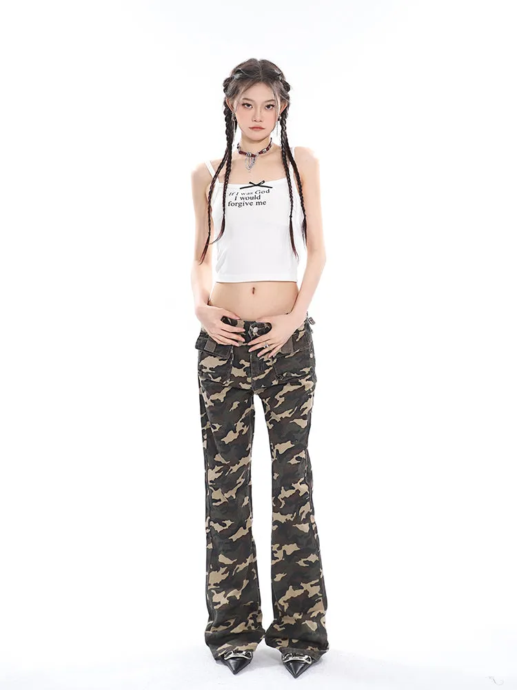 Crista Denim Army Green Camouflage High Waist Multi-Pocket Jeans Pants