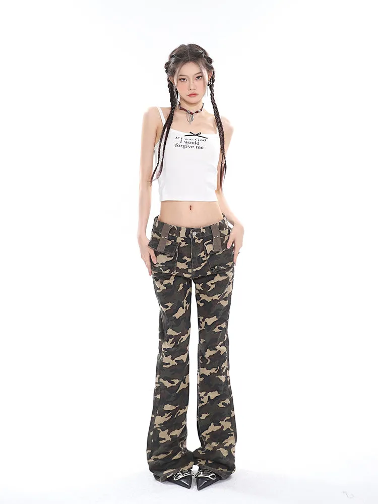 Crista Denim Army Green Camouflage High Waist Multi-Pocket Jeans Pants