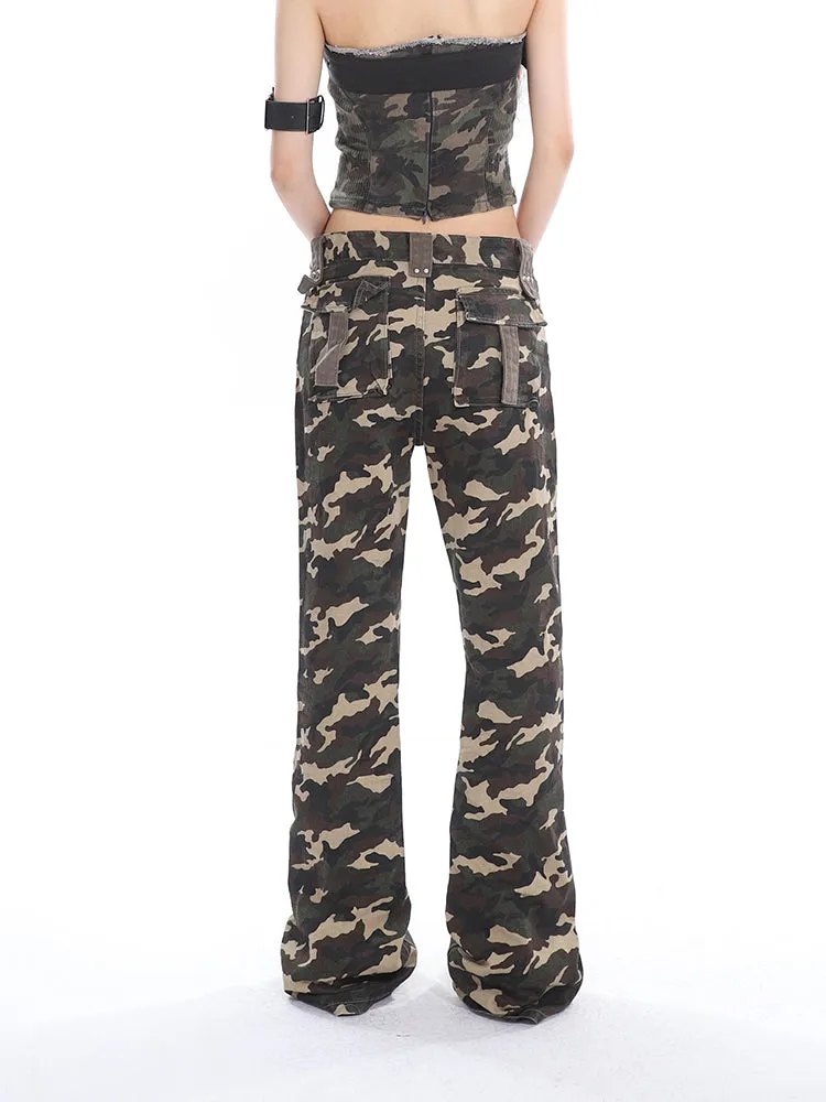 Crista Denim Army Green Camouflage High Waist Multi-Pocket Jeans Pants