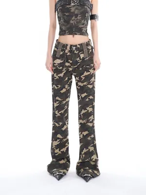 Crista Denim Army Green Camouflage High Waist Multi-Pocket Jeans Pants