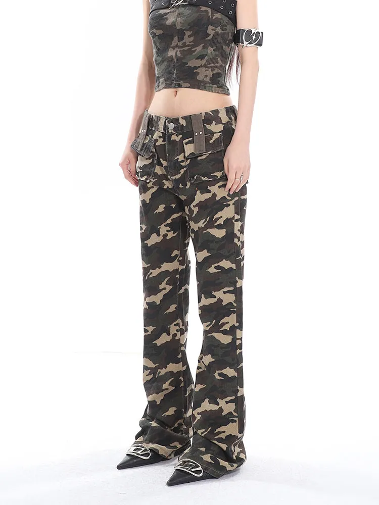 Crista Denim Army Green Camouflage High Waist Multi-Pocket Jeans Pants