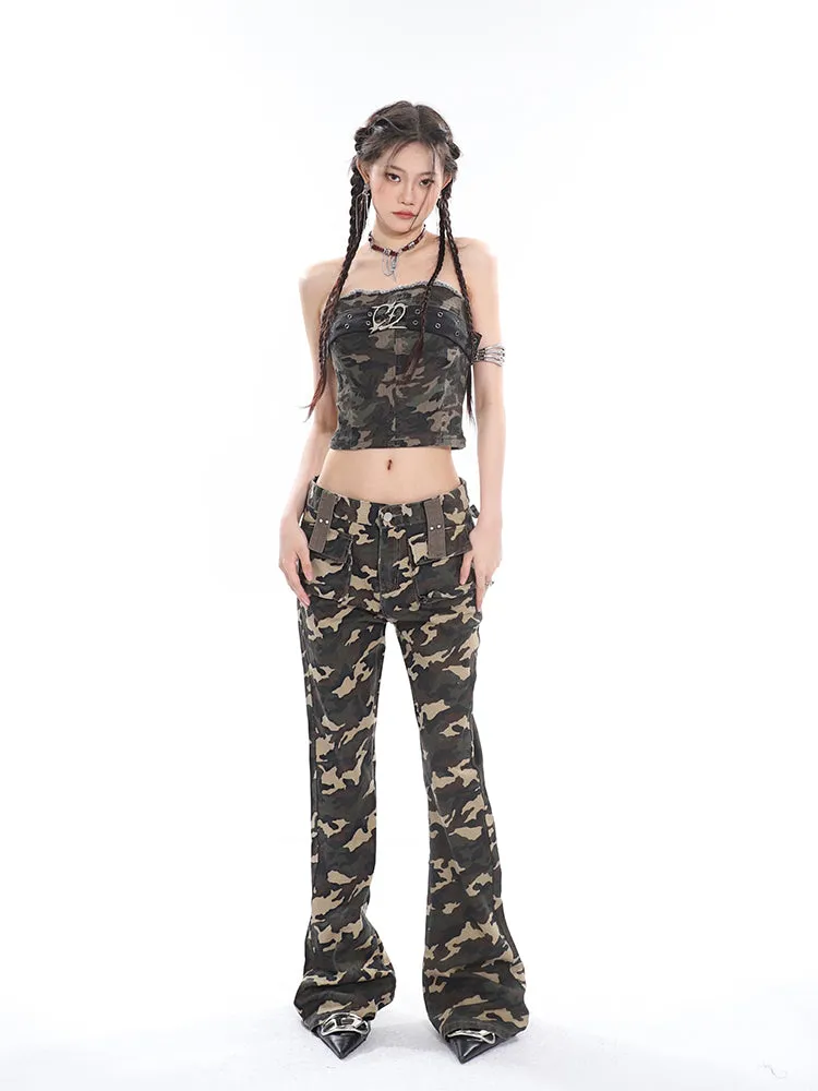 Crista Denim Army Green Camouflage High Waist Multi-Pocket Jeans Pants