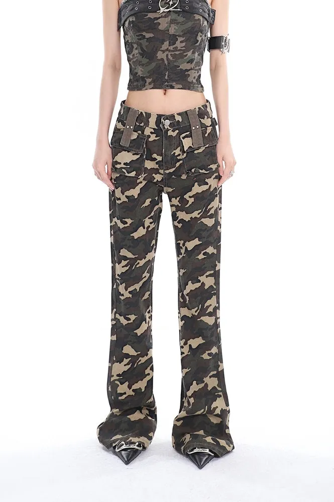 Crista Denim Army Green Camouflage High Waist Multi-Pocket Jeans Pants