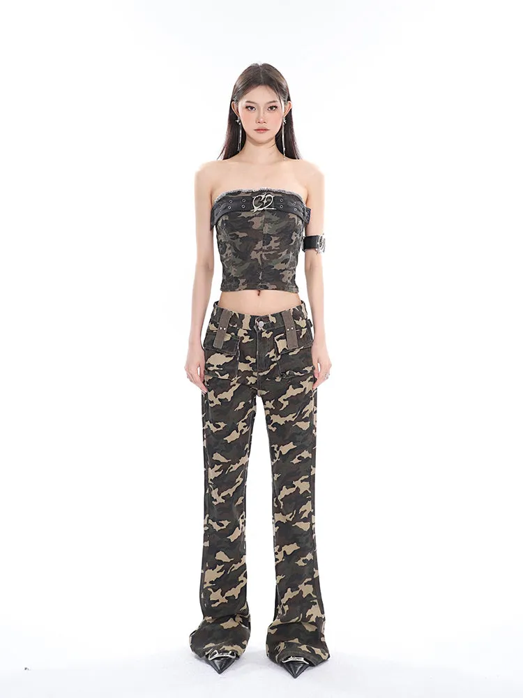 Crista Denim Army Green Camouflage High Waist Multi-Pocket Jeans Pants