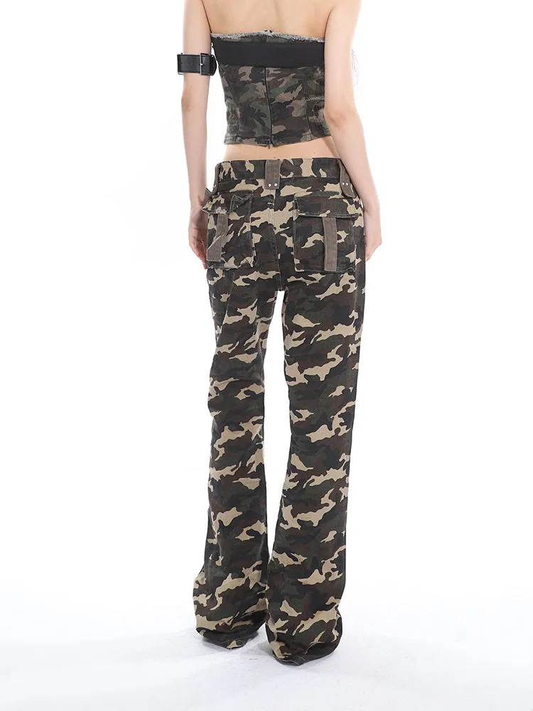 Crista Denim Army Green Camouflage High Waist Multi-Pocket Jeans Pants