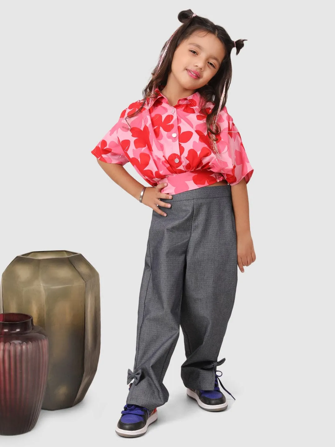 Flower Print Balloon top with pant Pink  and Grey