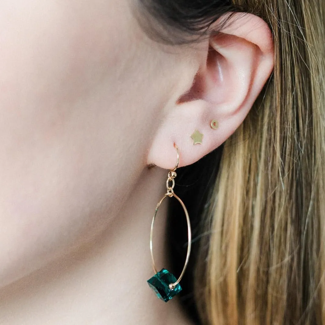 Gold Filled Emerald Green Crystal Cube Small Hoop Earrings