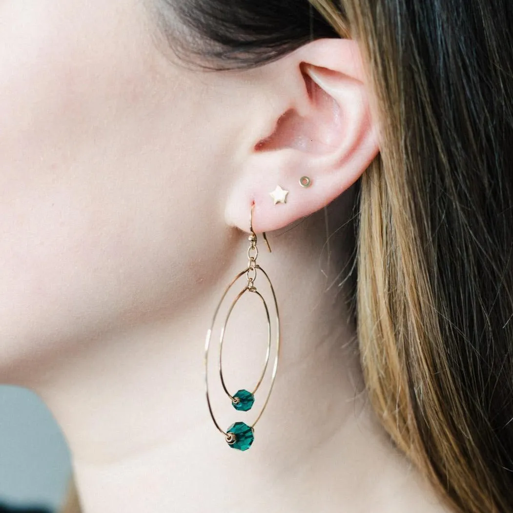 Gold Filled Emerald Green Crystal Globe Double Hoop Earrings